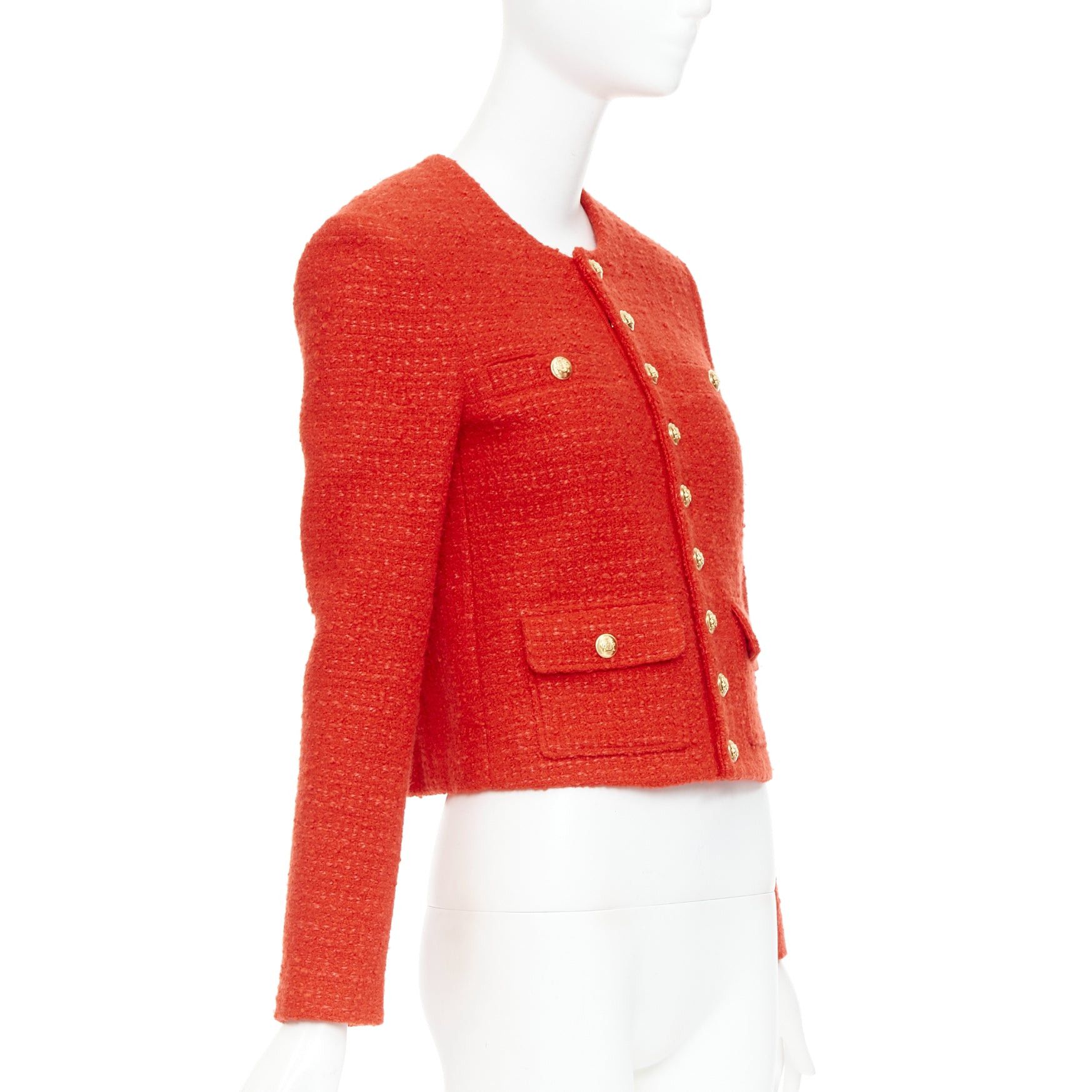 Celine CELINE Chasseur red wool linen tweed gold buttons cropped jacket FR34 XS Size XS / US 0-2 / IT 36-38 - 4 Thumbnail