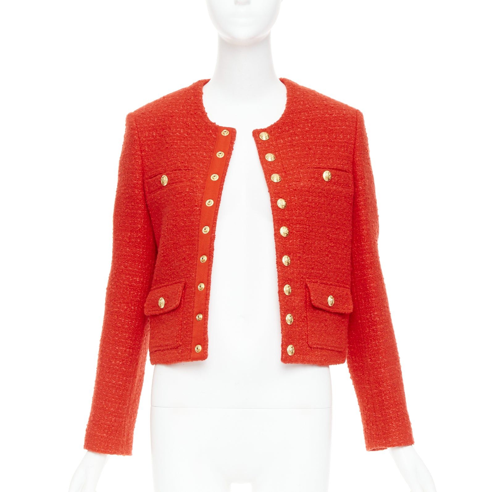 Celine CELINE Chasseur red wool linen tweed gold buttons cropped jacket FR34 XS Size XS / US 0-2 / IT 36-38 - 3 Thumbnail