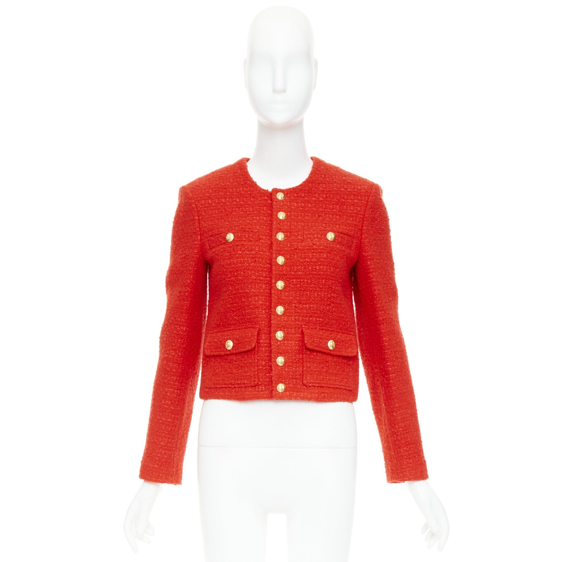 Celine CELINE Chasseur red wool linen tweed gold buttons cropped jacket FR34 XS Size XS / US 0-2 / IT 36-38 - 10 Thumbnail