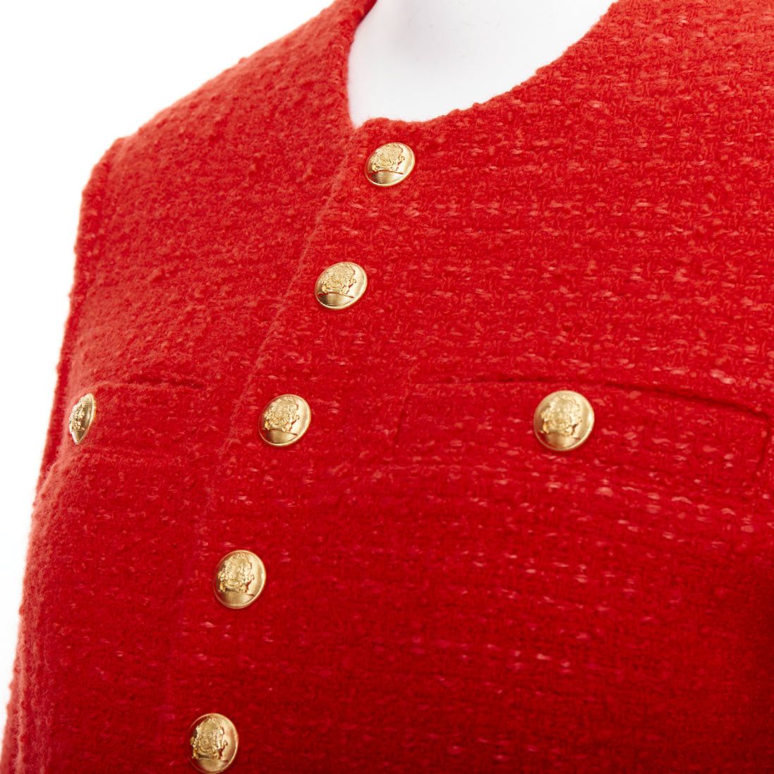 Celine CELINE Chasseur red wool linen tweed gold buttons cropped jacket FR34 XS Size XS / US 0-2 / IT 36-38 - 2 Thumbnail