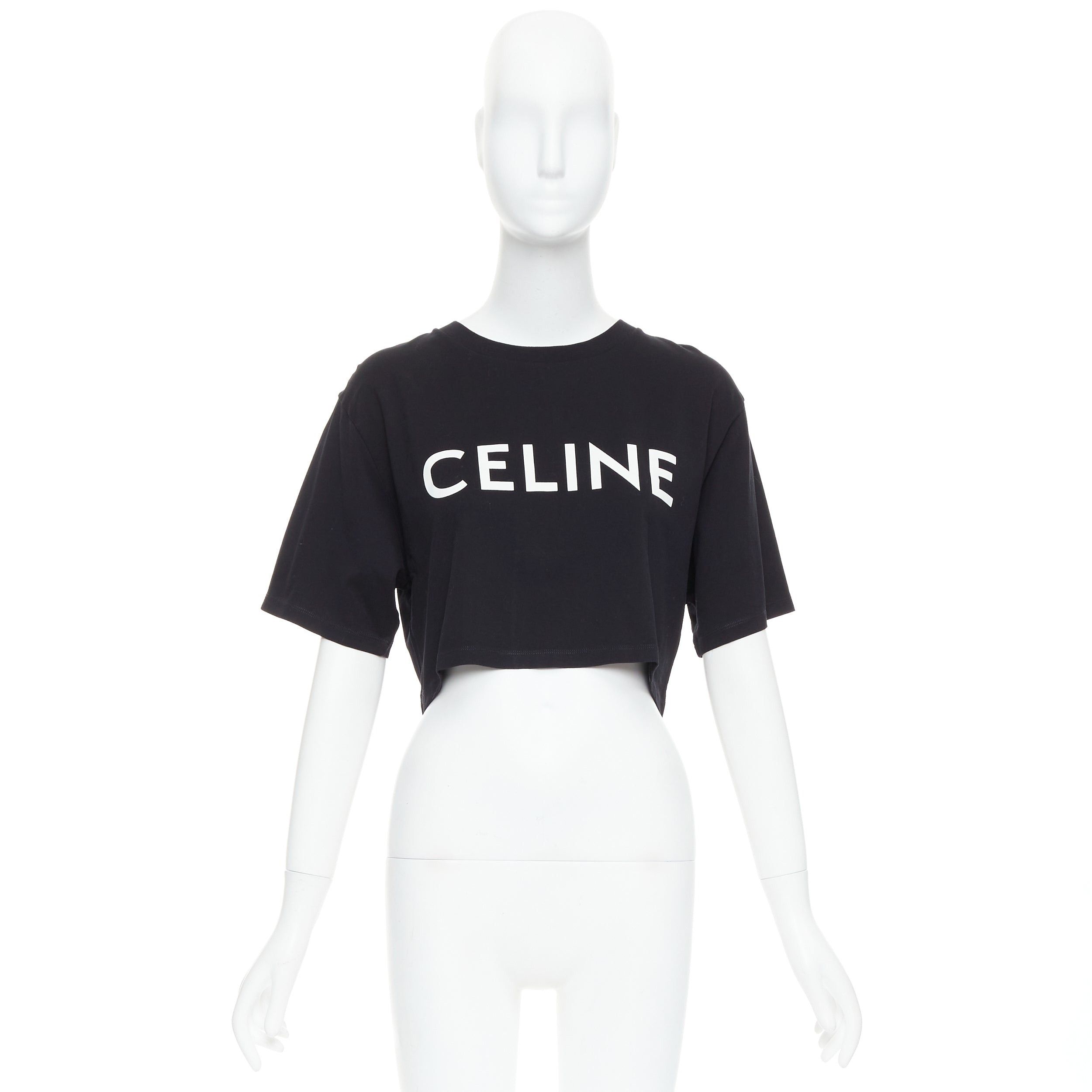 Celine CELINE black cotton white big logo crop casual crew neck tshirt S Size S / US 4 / IT 40 - 9 Thumbnail