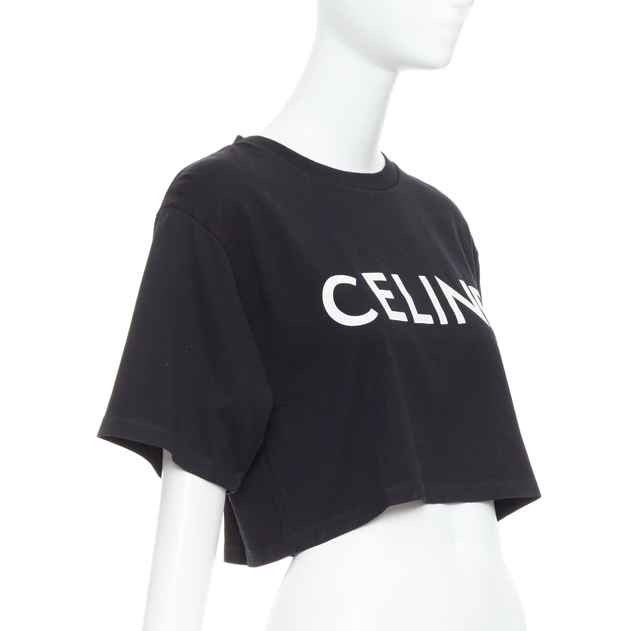 Celine CELINE black cotton white big logo crop casual crew neck tshirt S Size S / US 4 / IT 40 - 2 Thumbnail