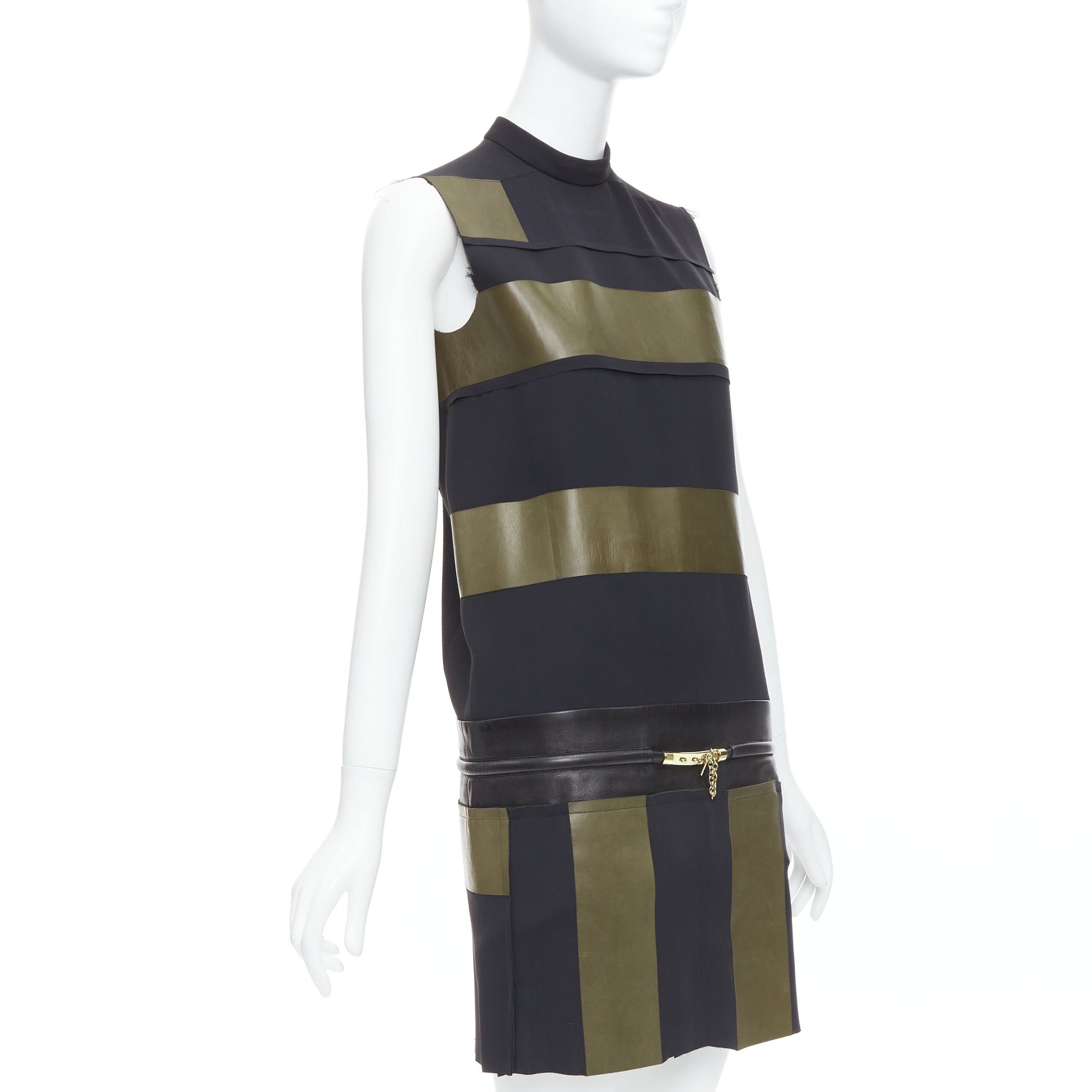 Celine OLD CELINE Phoebe Philo khaki black leather silk stripe dress FR36 S Size S / US 4 / IT 40 - 3 Thumbnail