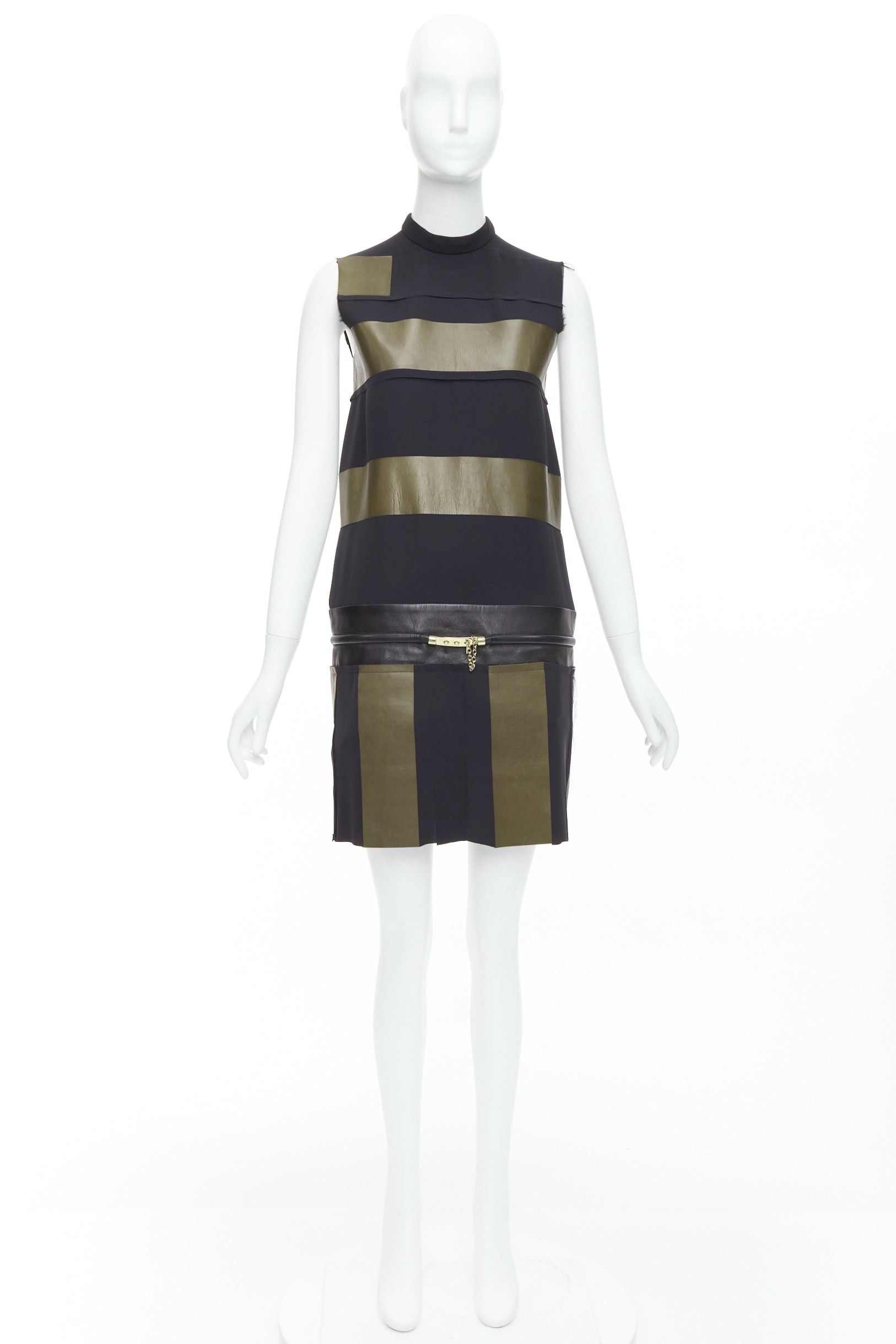 Celine OLD CELINE Phoebe Philo khaki black leather silk stripe dress FR36 S Size S / US 4 / IT 40 - 9 Thumbnail