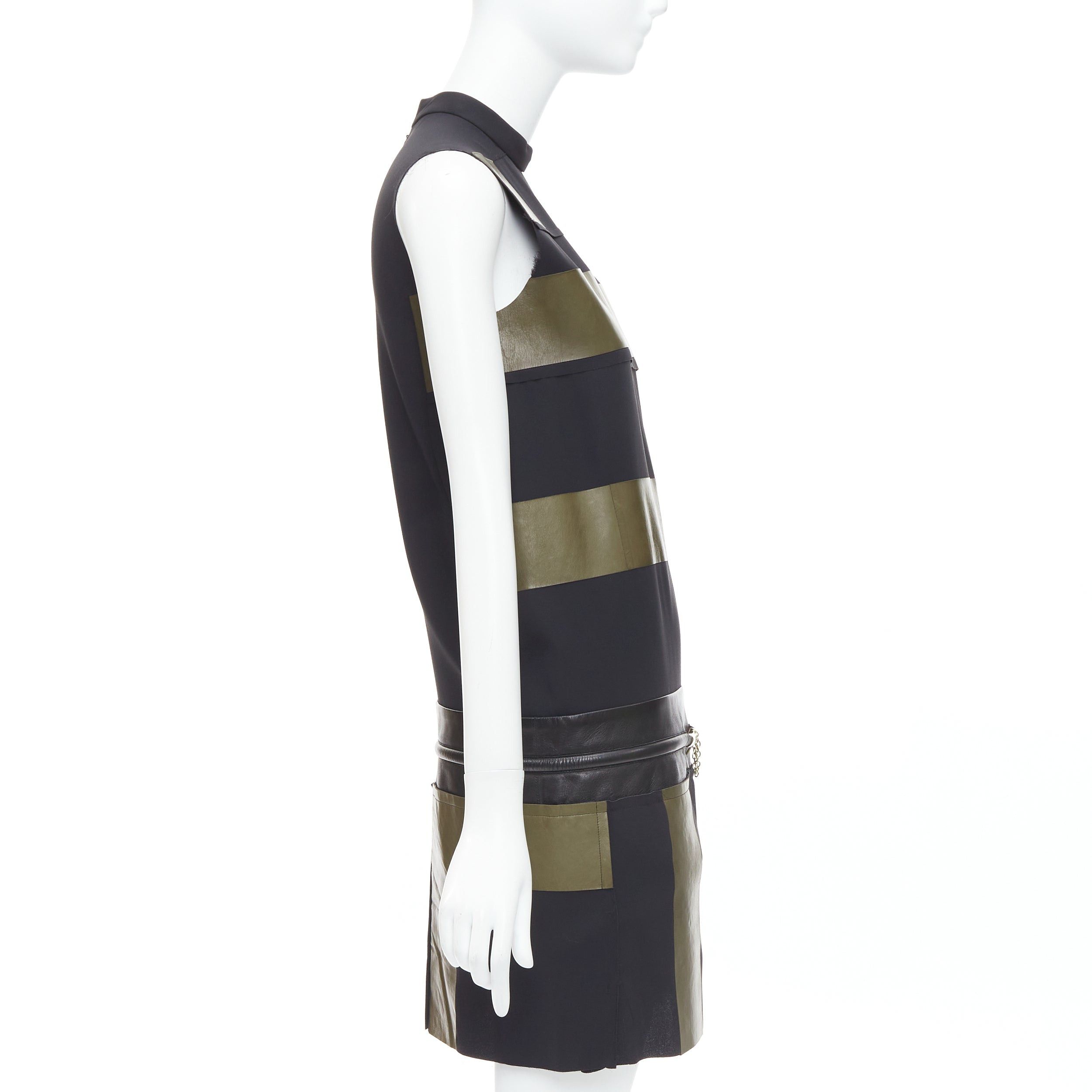 Celine OLD CELINE Phoebe Philo khaki black leather silk stripe dress FR36 S Size S / US 4 / IT 40 - 4 Thumbnail