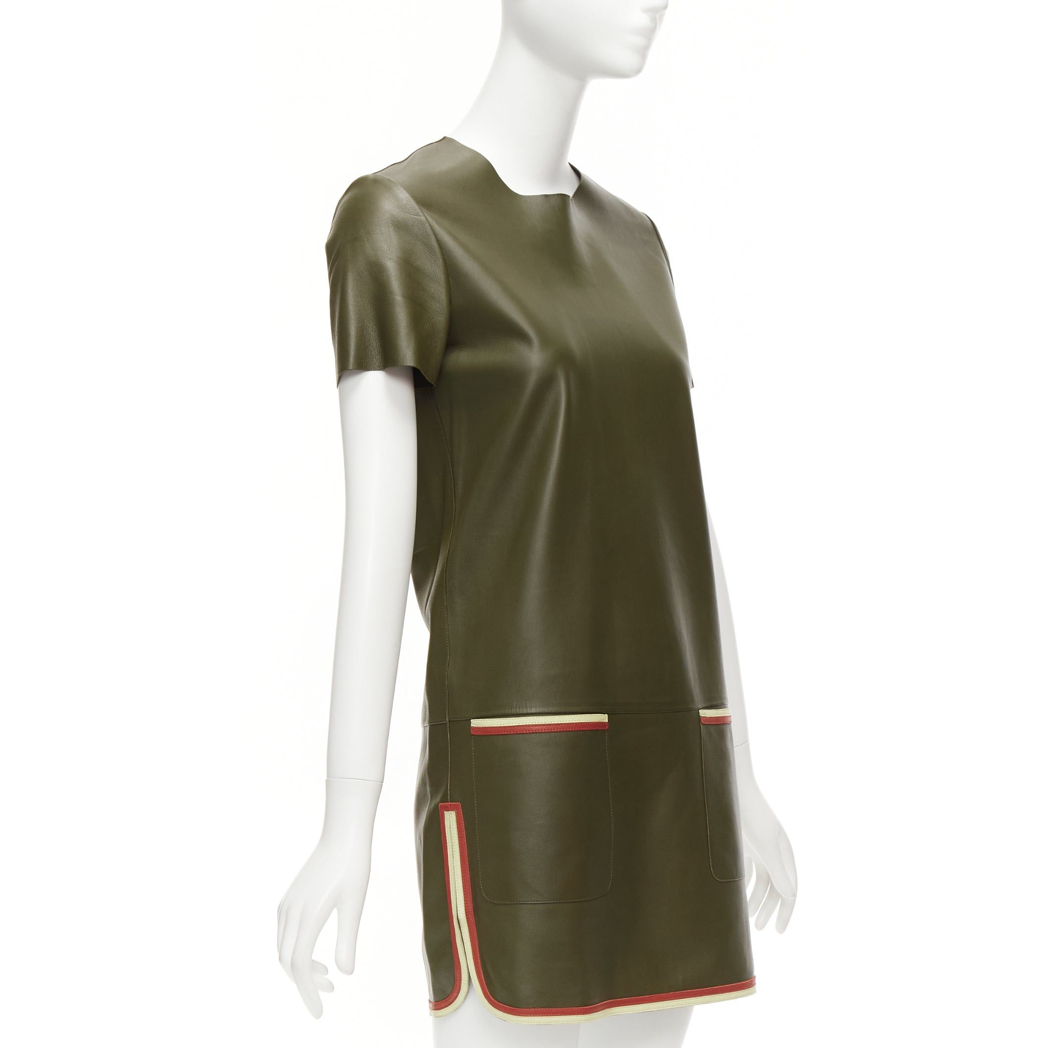 Celine OLD CELINE Phoebe Philo olive green leather red cream trim mod dress FR38 M Size M / US 6-8 / IT 42-44 - 3 Thumbnail
