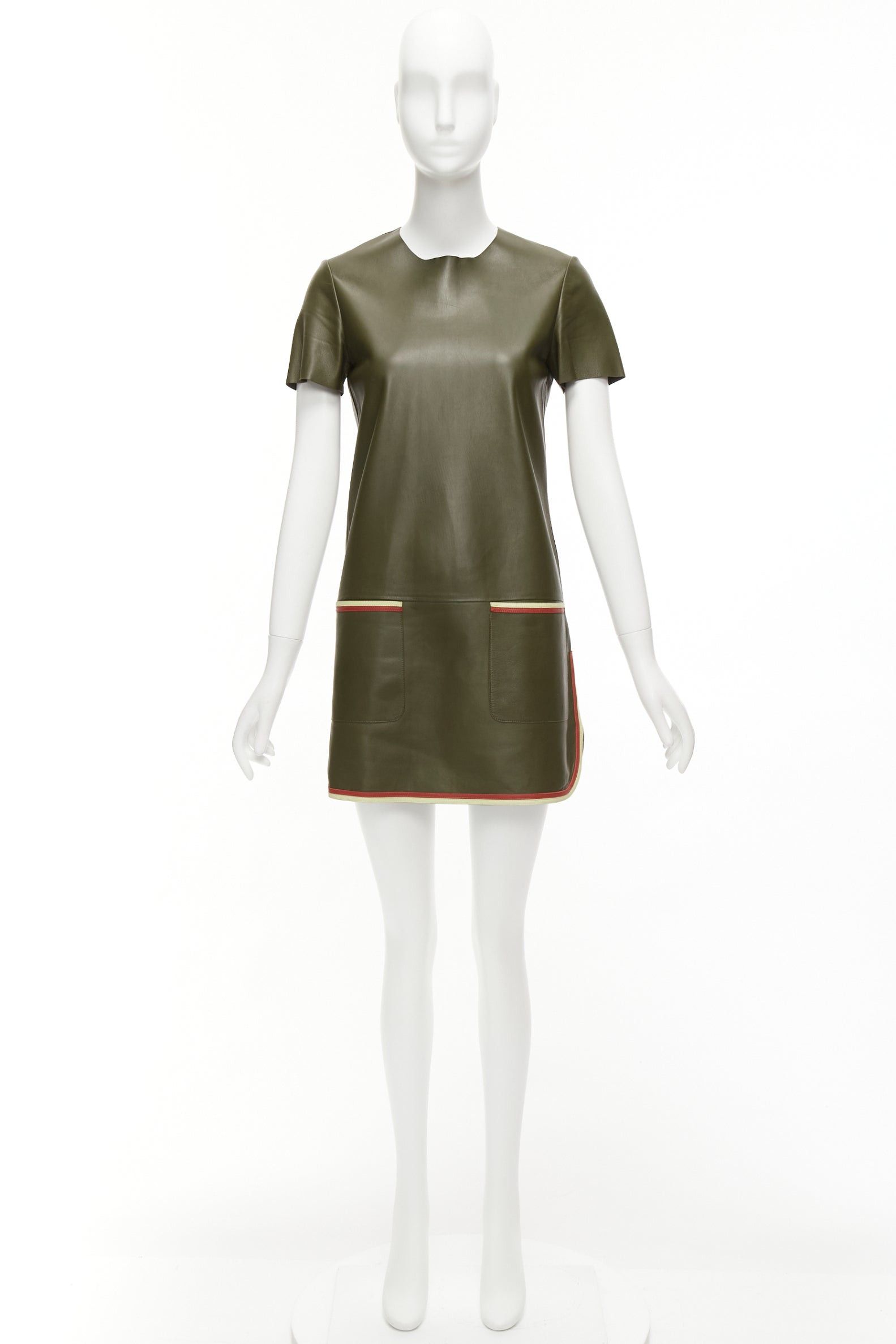 Celine OLD CELINE Phoebe Philo olive green leather red cream trim mod dress FR38 M Size M / US 6-8 / IT 42-44 - 9 Thumbnail