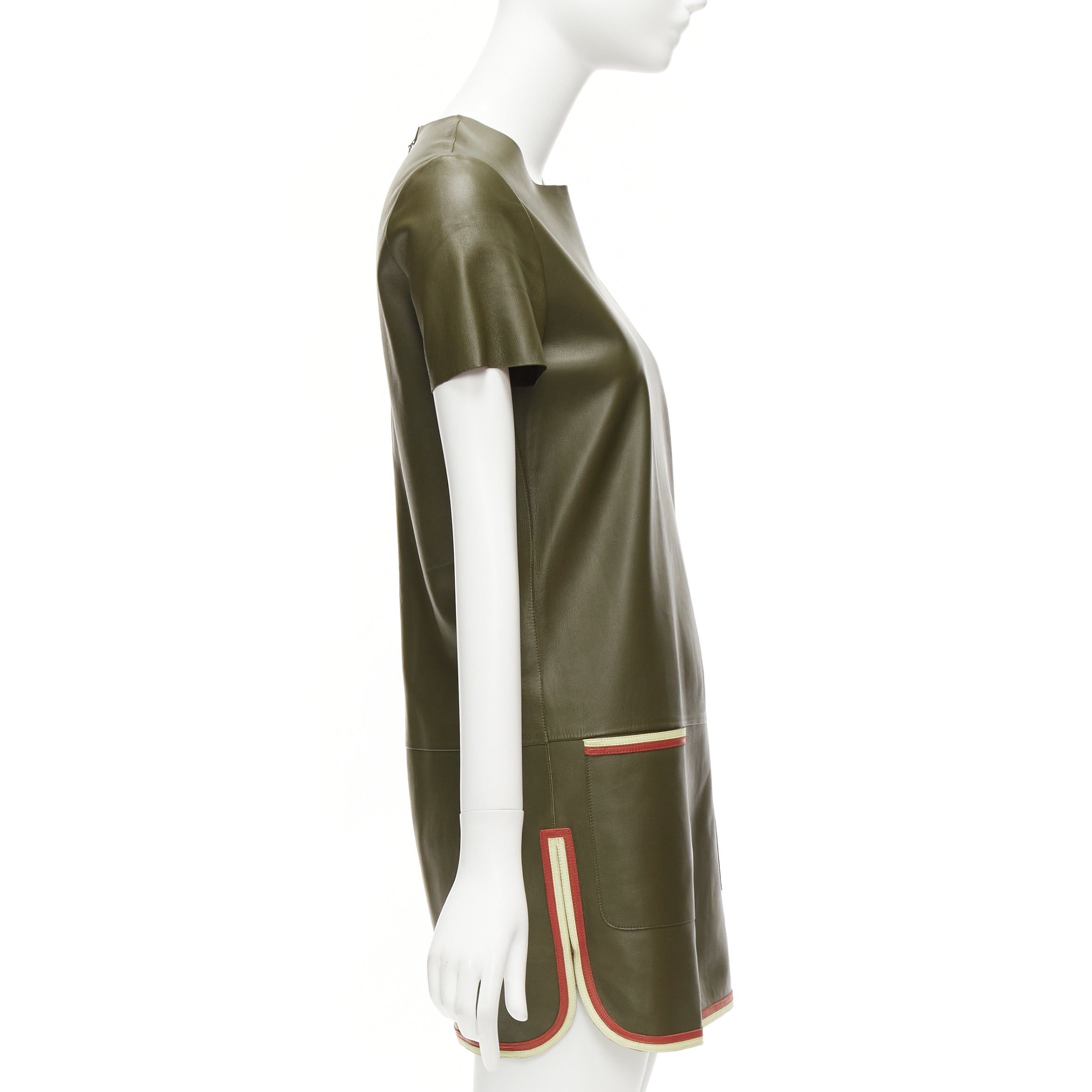 Celine OLD CELINE Phoebe Philo olive green leather red cream trim mod dress FR38 M Size M / US 6-8 / IT 42-44 - 4 Thumbnail