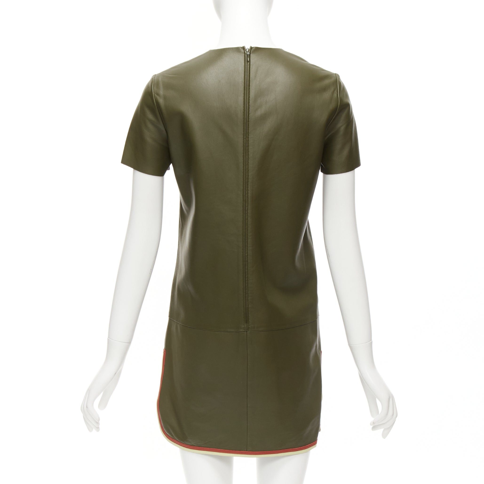 Celine OLD CELINE Phoebe Philo olive green leather red cream trim mod dress FR38 M Size M / US 6-8 / IT 42-44 - 5 Thumbnail