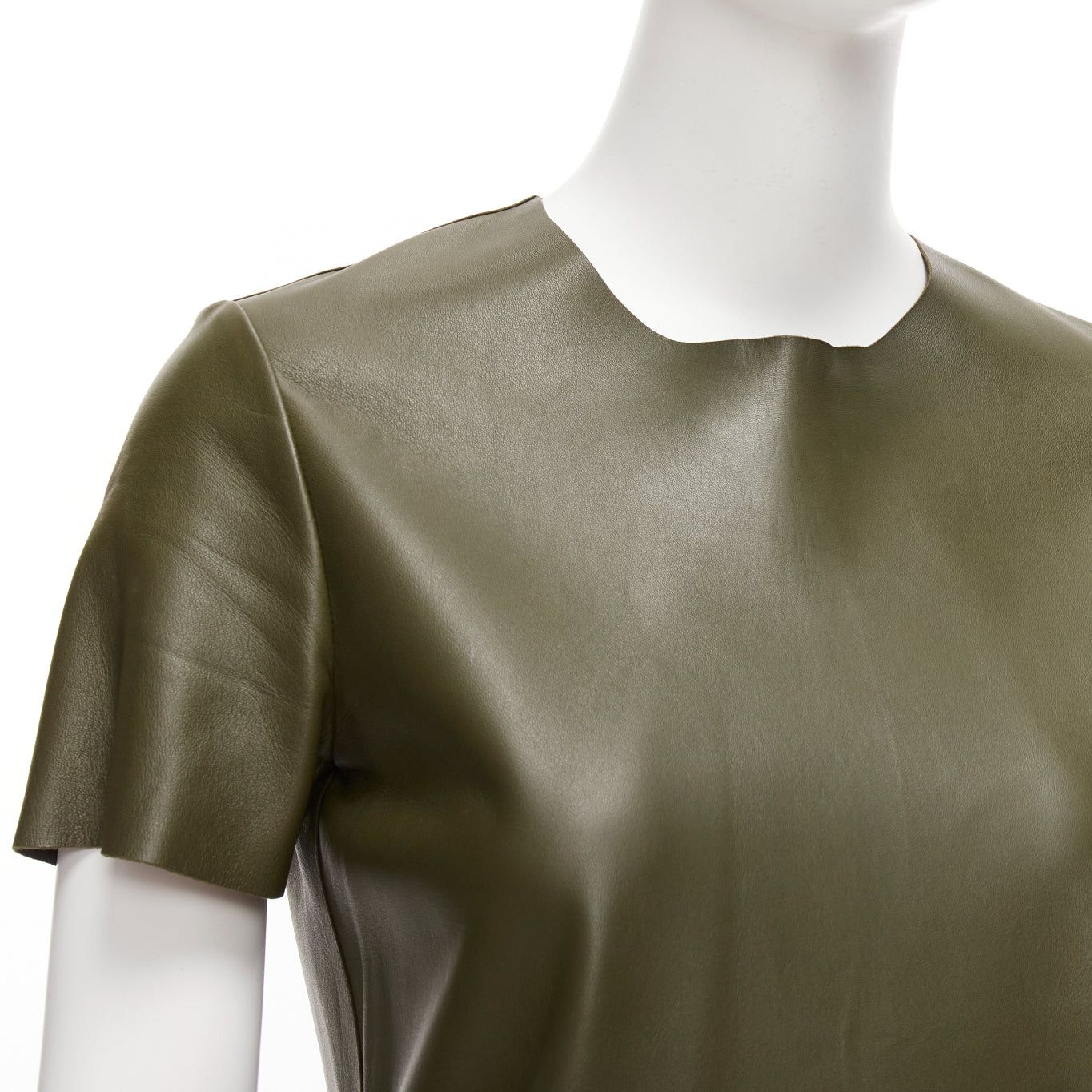 Celine OLD CELINE Phoebe Philo olive green leather red cream trim mod dress FR38 M Size M / US 6-8 / IT 42-44 - 7 Thumbnail
