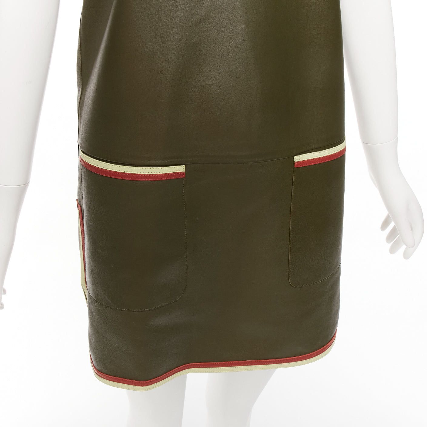 Celine OLD CELINE Phoebe Philo olive green leather red cream trim mod dress FR38 M Size M / US 6-8 / IT 42-44 - 2 Thumbnail