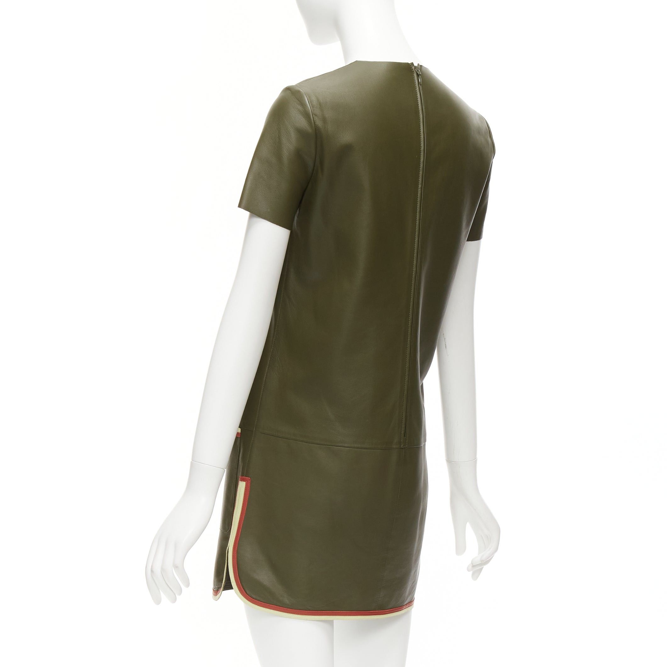 Celine OLD CELINE Phoebe Philo olive green leather red cream trim mod dress FR38 M Size M / US 6-8 / IT 42-44 - 6 Thumbnail