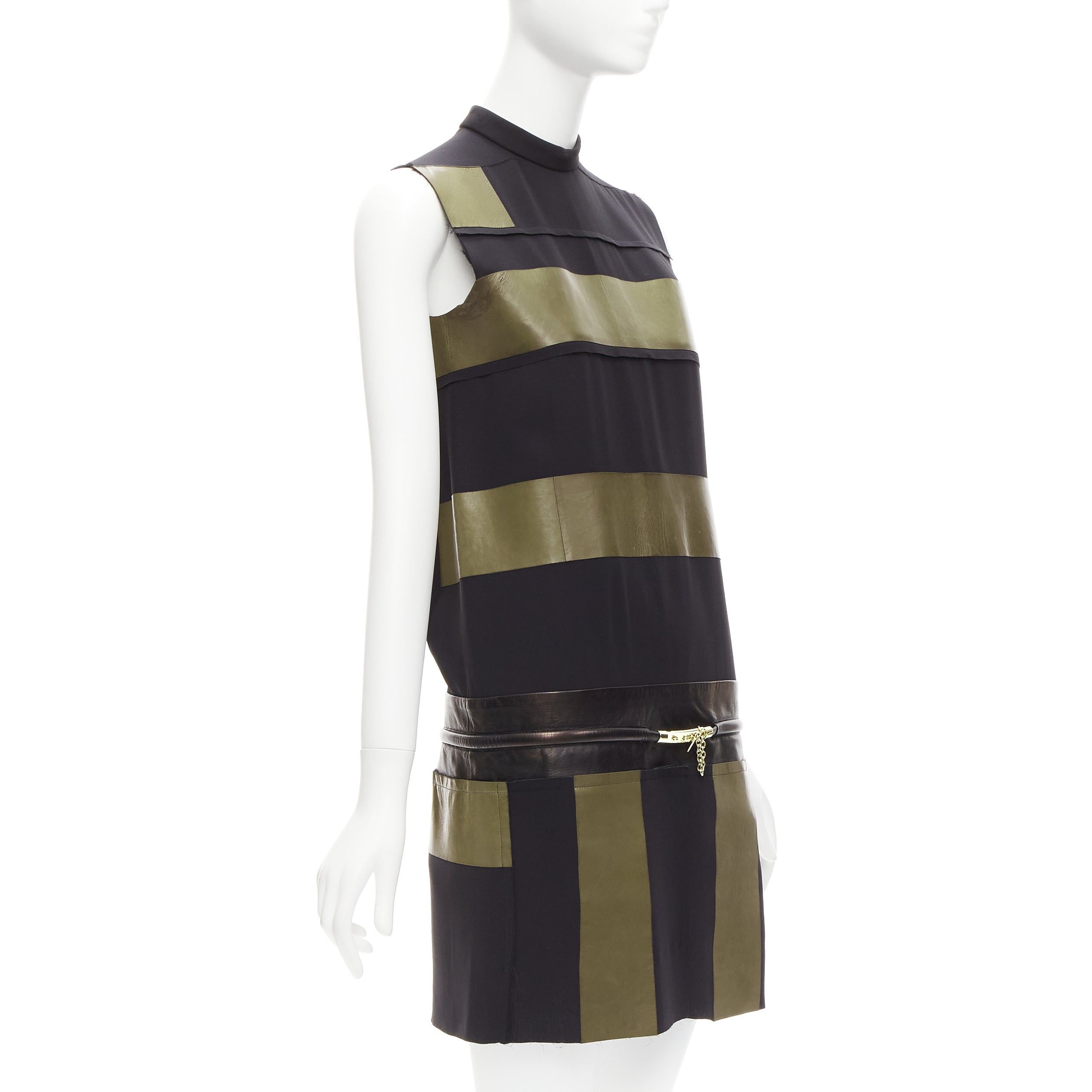 Celine OLD CELINE Phoebe Philo khaki leather black panel gold belt dress FR36 S Size S / US 4 / IT 40 - 3 Thumbnail
