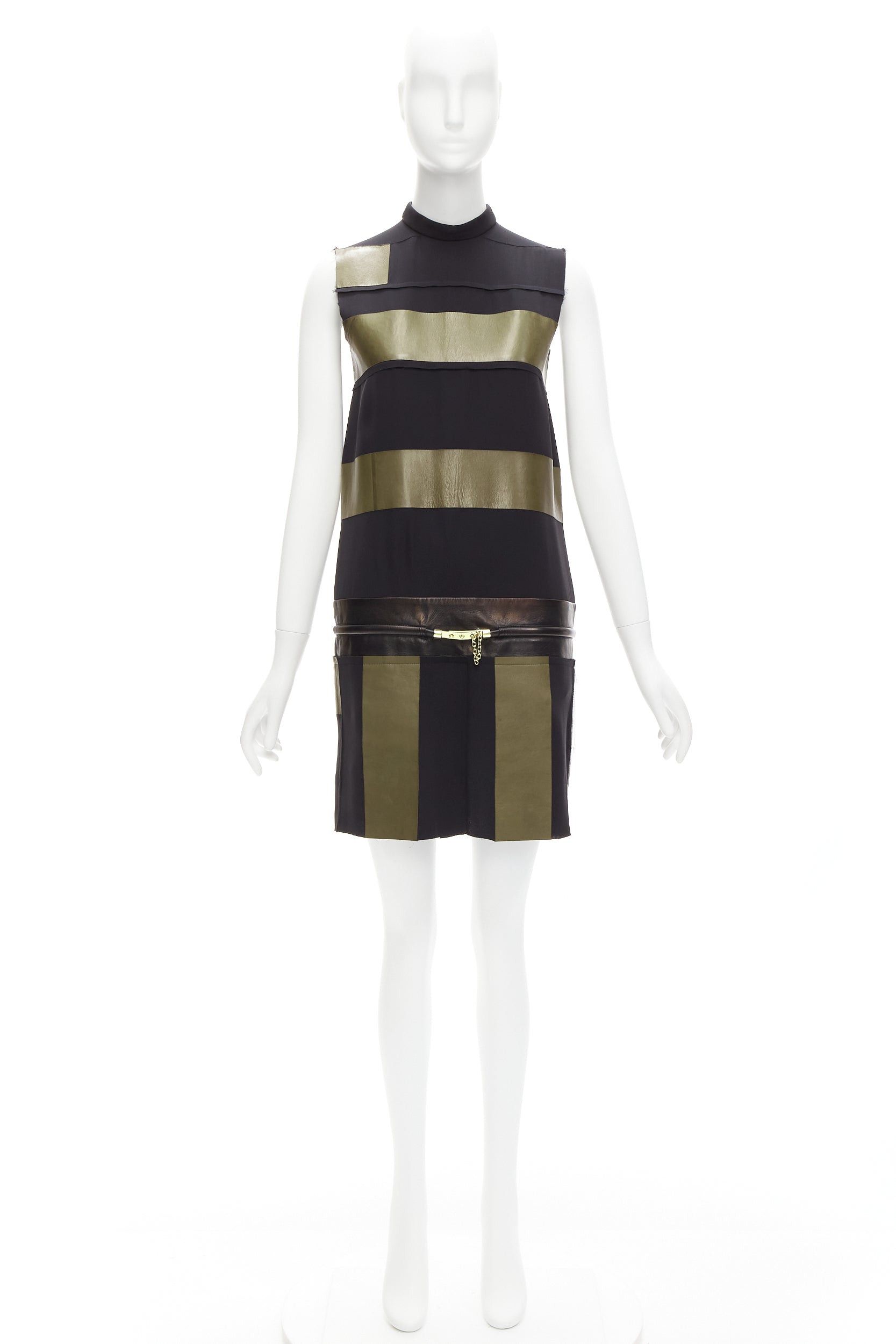 Celine OLD CELINE Phoebe Philo khaki leather black panel gold belt dress FR36 S Size S / US 4 / IT 40 - 10 Thumbnail