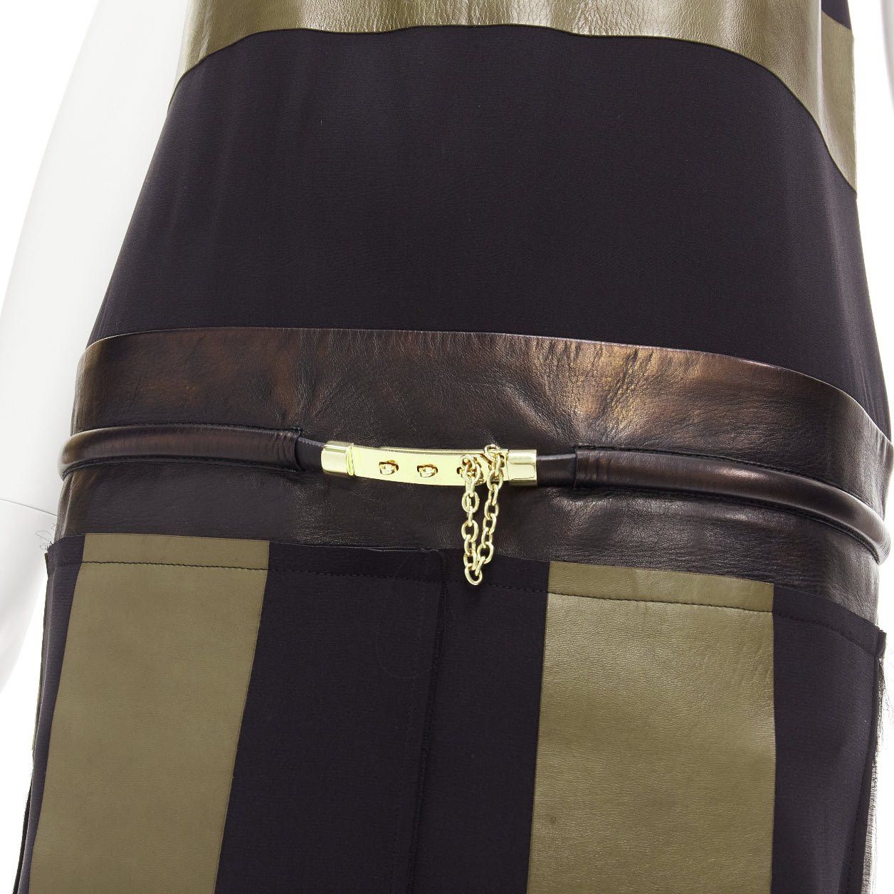 Celine OLD CELINE Phoebe Philo khaki leather black panel gold belt dress FR36 S Size S / US 4 / IT 40 - 2 Thumbnail