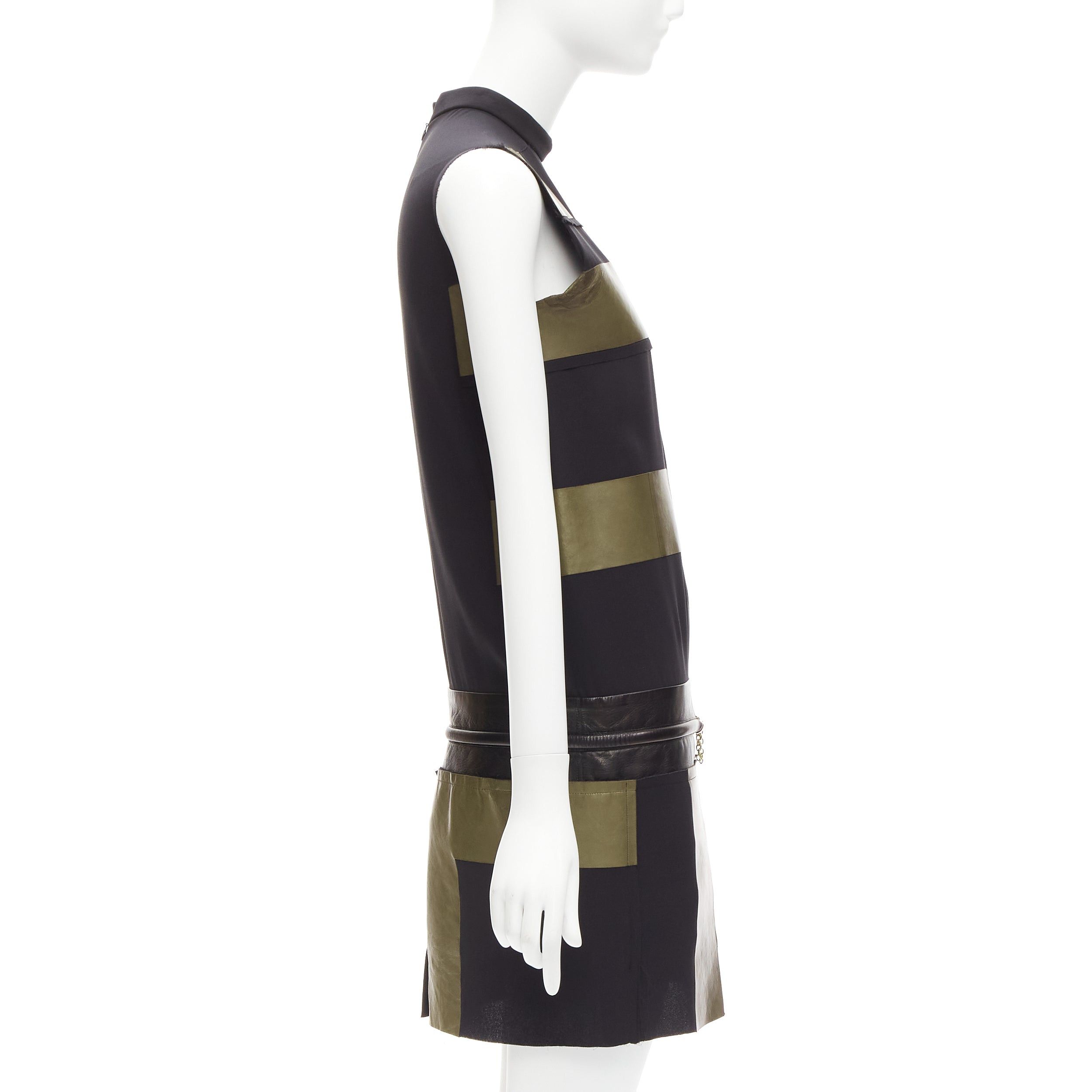 Celine OLD CELINE Phoebe Philo khaki leather black panel gold belt dress FR36 S Size S / US 4 / IT 40 - 4 Thumbnail