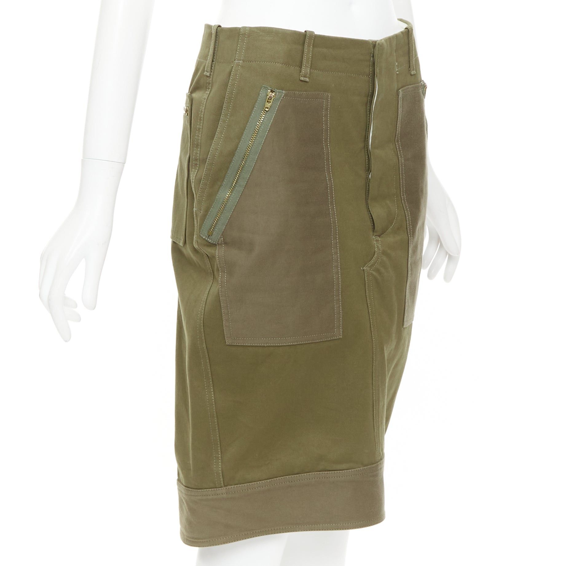 Celine CELINE 2010 khaki green cotton patchwork pocket zipper cargo skirt FR40 L Size 30" / US 8 / IT 44 - 3 Thumbnail