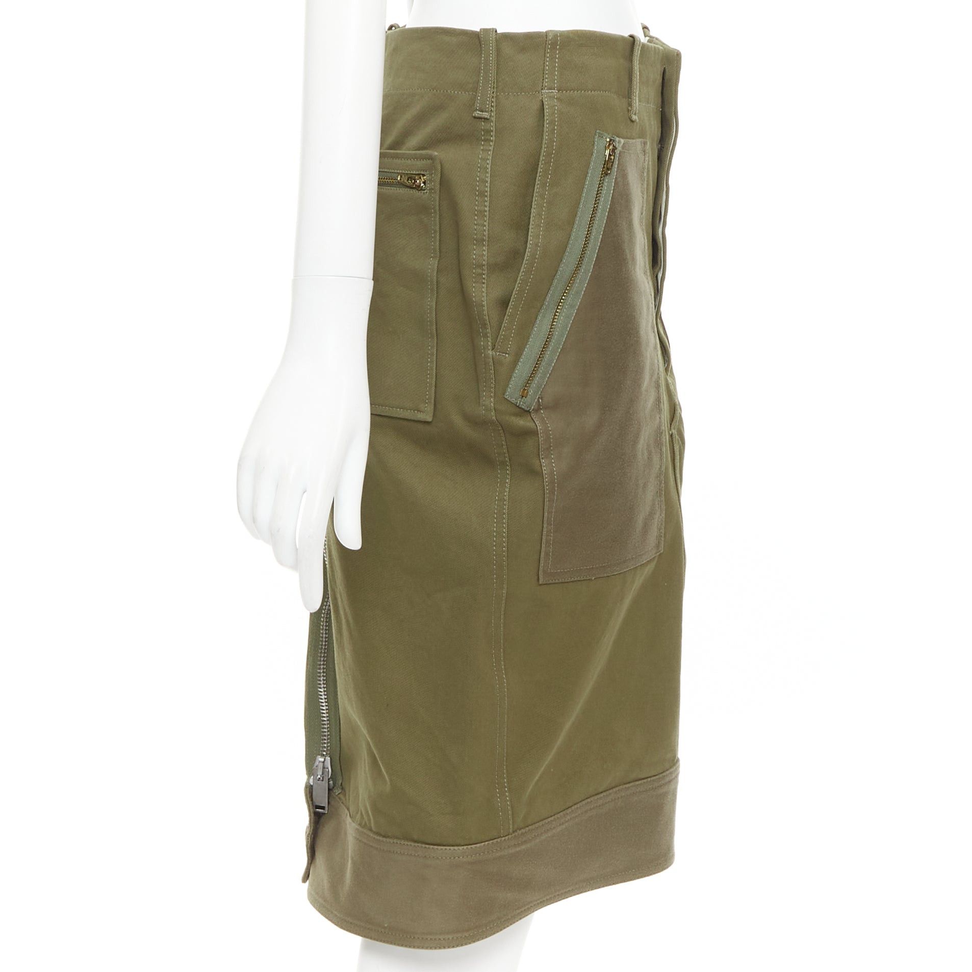 Celine CELINE 2010 khaki green cotton patchwork pocket zipper cargo skirt FR40 L Size 30" / US 8 / IT 44 - 4 Thumbnail