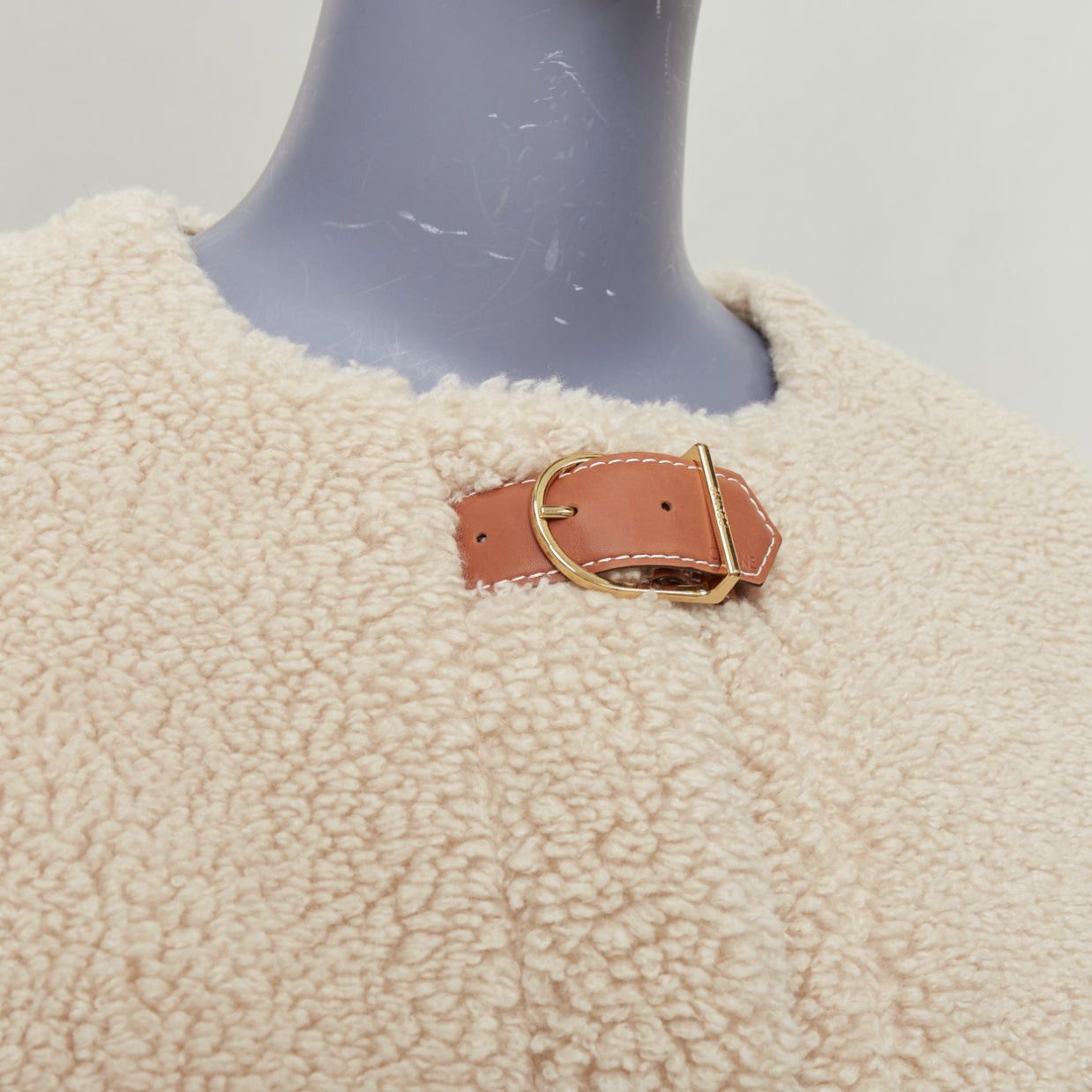 Celine CELINE Teddy ecru cashmere silk brown calfskin leather trim buckled coat FR34 XS Size XS / US 0-2 / IT 36-38 - 2 Thumbnail