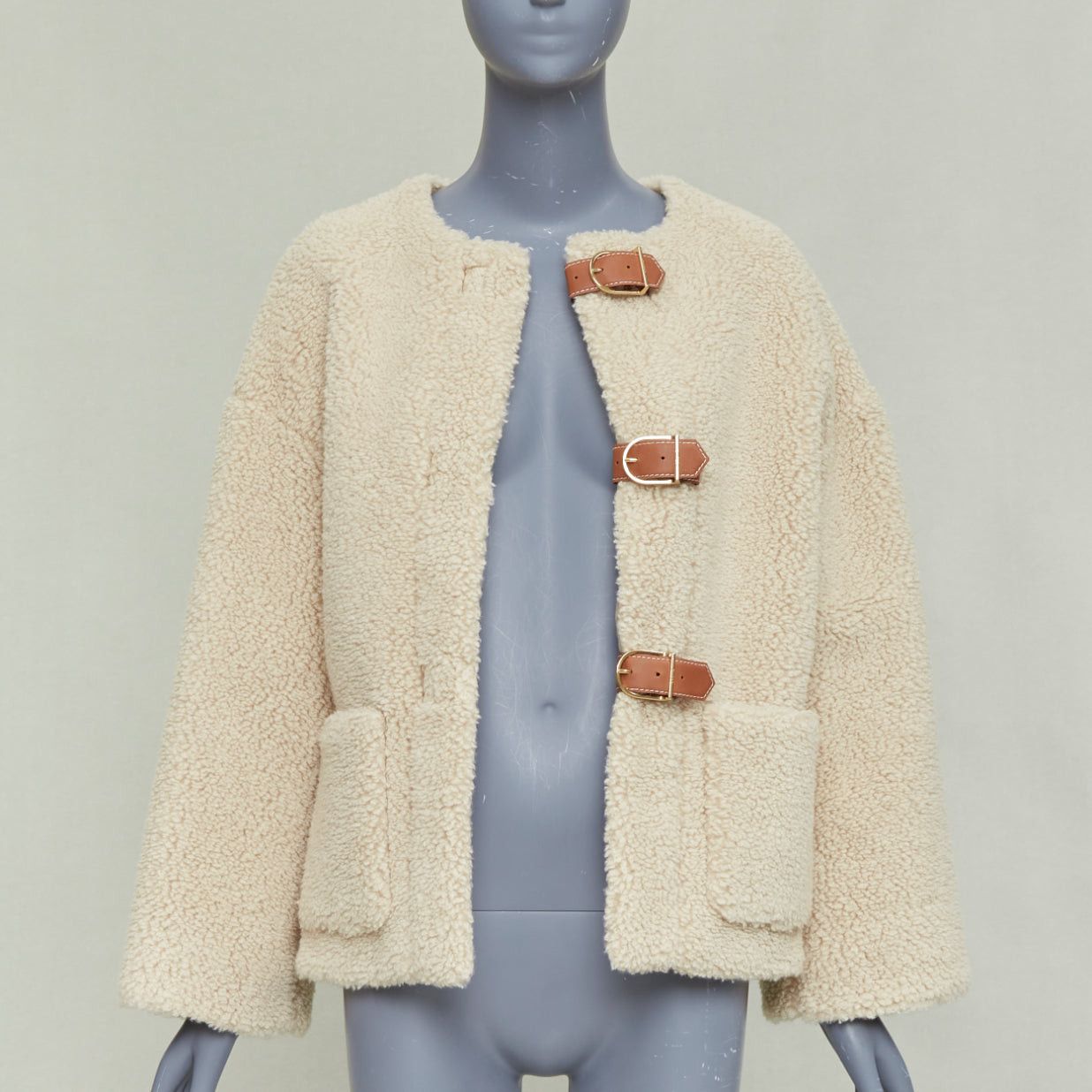 Celine CELINE Teddy ecru cashmere silk brown calfskin leather trim buckled coat FR34 XS Size XS / US 0-2 / IT 36-38 - 3 Thumbnail
