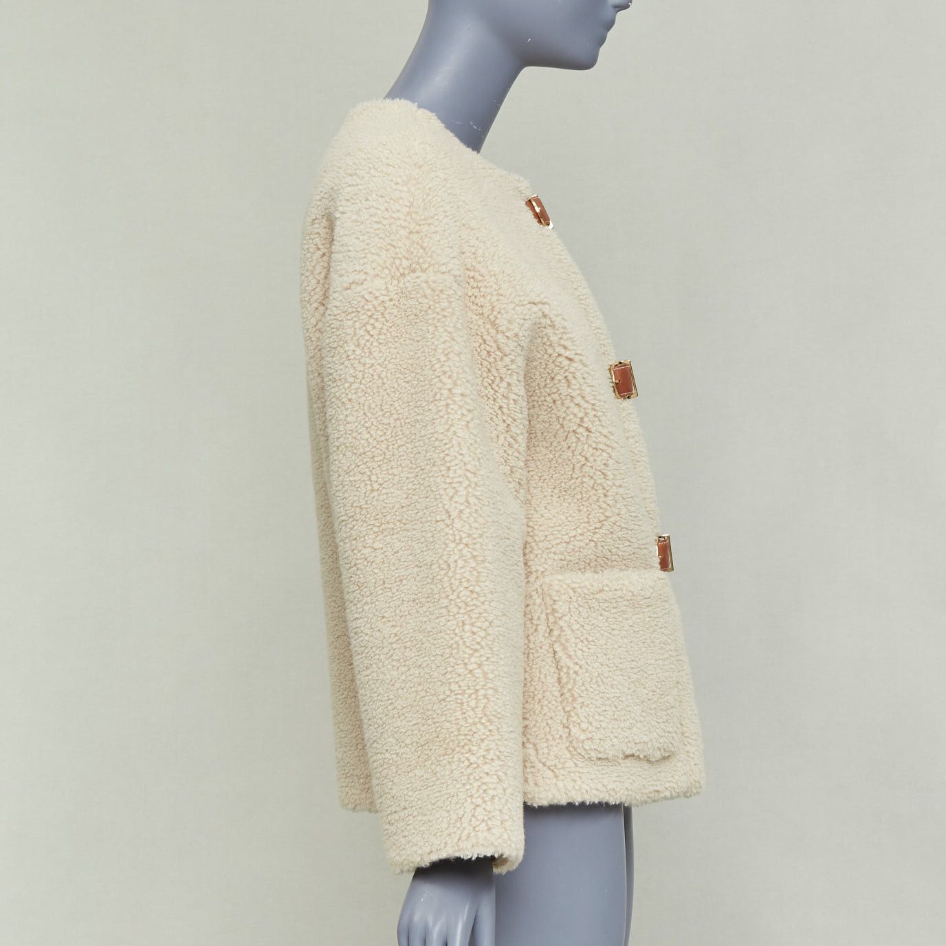 Celine CELINE Teddy ecru cashmere silk brown calfskin leather trim buckled coat FR34 XS Size XS / US 0-2 / IT 36-38 - 5 Thumbnail
