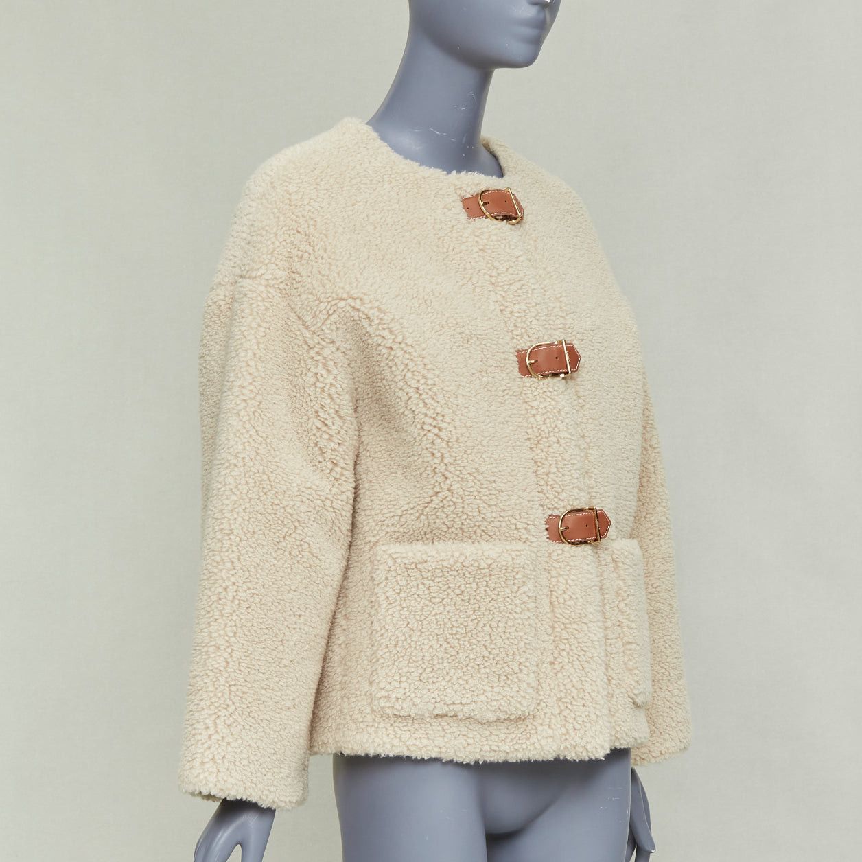 Celine CELINE Teddy ecru cashmere silk brown calfskin leather trim buckled coat FR34 XS Size XS / US 0-2 / IT 36-38 - 4 Thumbnail