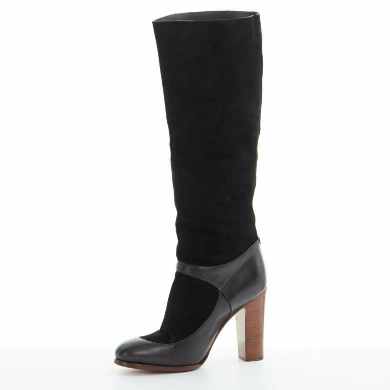 Celine CELINE PHILO black suede sock ankle strap chunky wooden heel tall boot EU35.5 Size US 5.5 / IT 35.5 - 4 Thumbnail