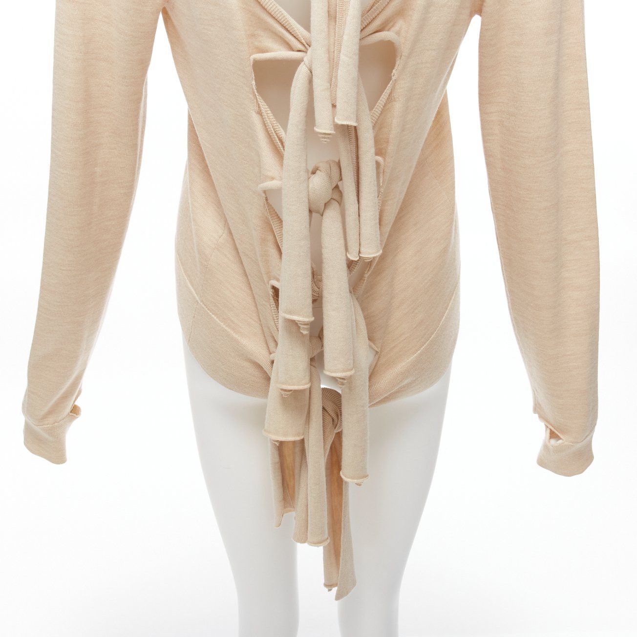 Celine OLD CELINE Phoebe Philo beige wool silk knot tie back cut out sleeves sweater M Size M / US 6-8 / IT 42-44 - 8 Thumbnail