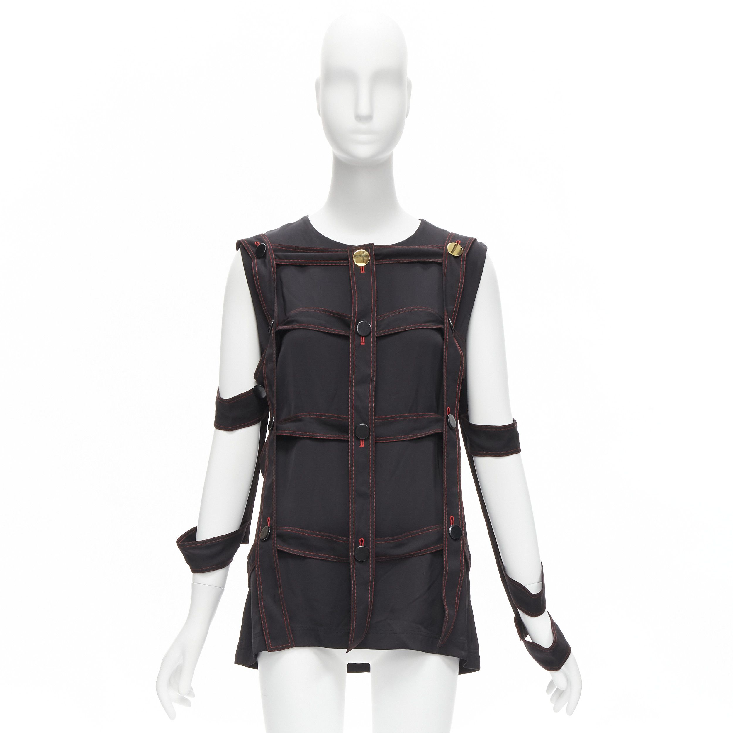 Celine OLD CELINE Philo 2015 Runway Look 17 black grid harness gold button top FR38 M Size M / US 6-8 / IT 42-44 - 11 Thumbnail