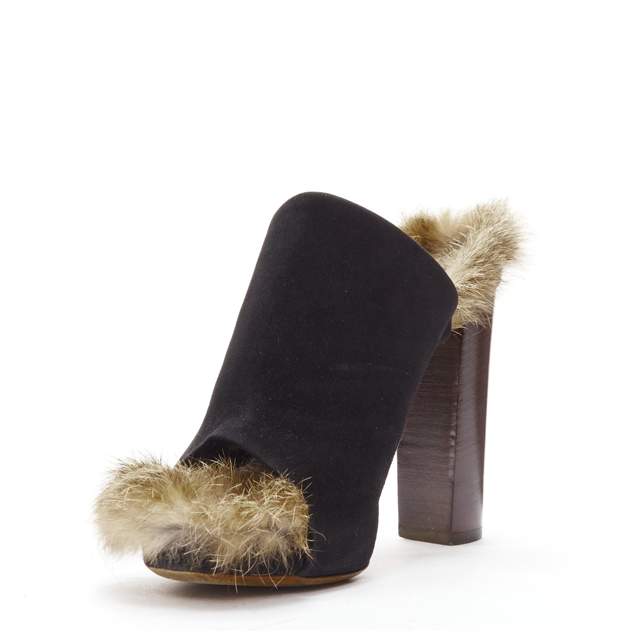 Celine OLD CELINE Phoebe Philo 2010 Runway black suede fur mules EU36 Size US 6 / IT 36 - 4 Thumbnail
