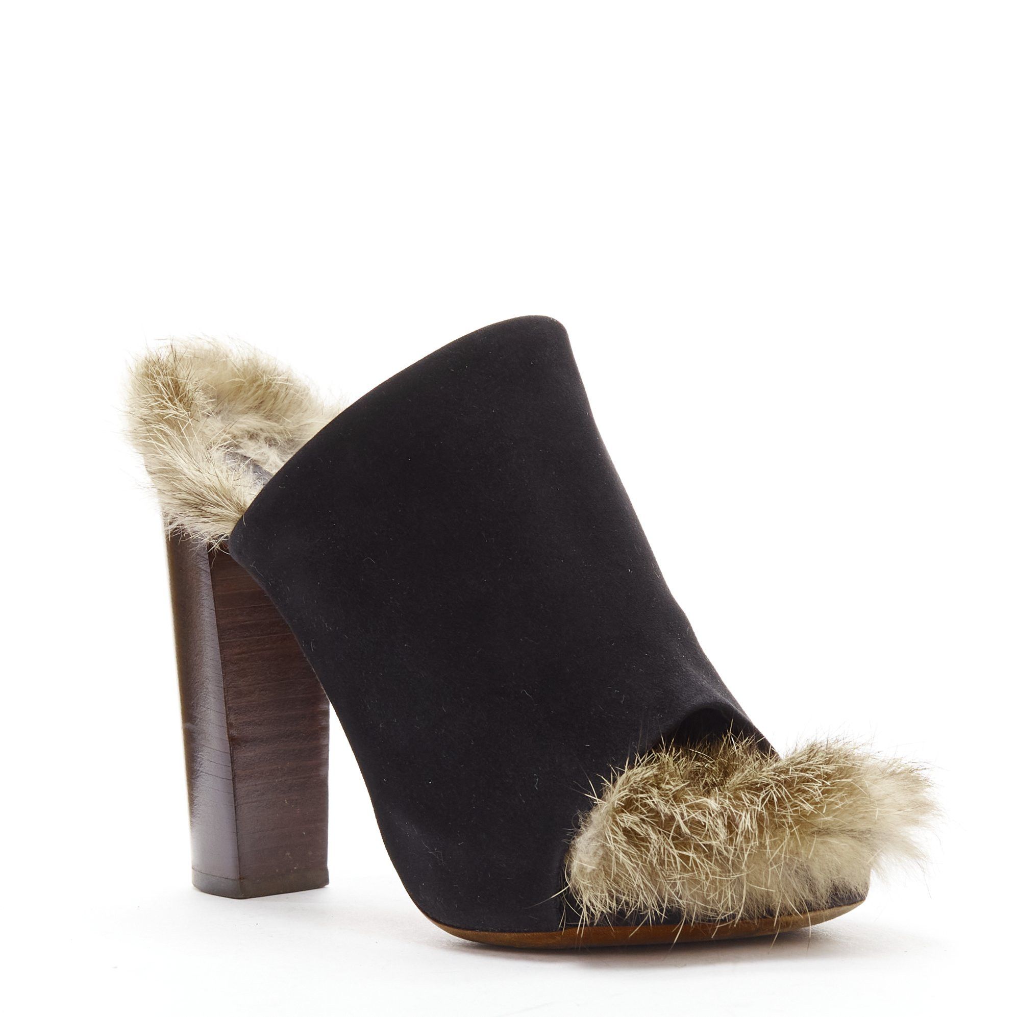 Celine OLD CELINE Phoebe Philo 2010 Runway black suede fur mules EU36 Size US 6 / IT 36 - 2 Thumbnail