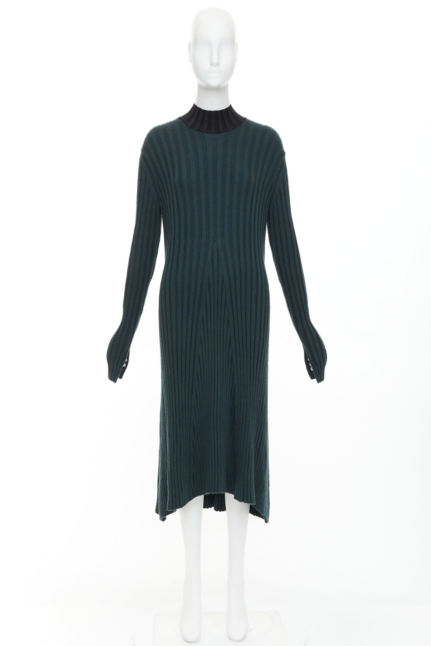 Celine OLD CELINE Phoebe Philo 2014 dark green wool mock neck ribbed knit dress S Size S / US 4 / IT 40 - 9 Thumbnail