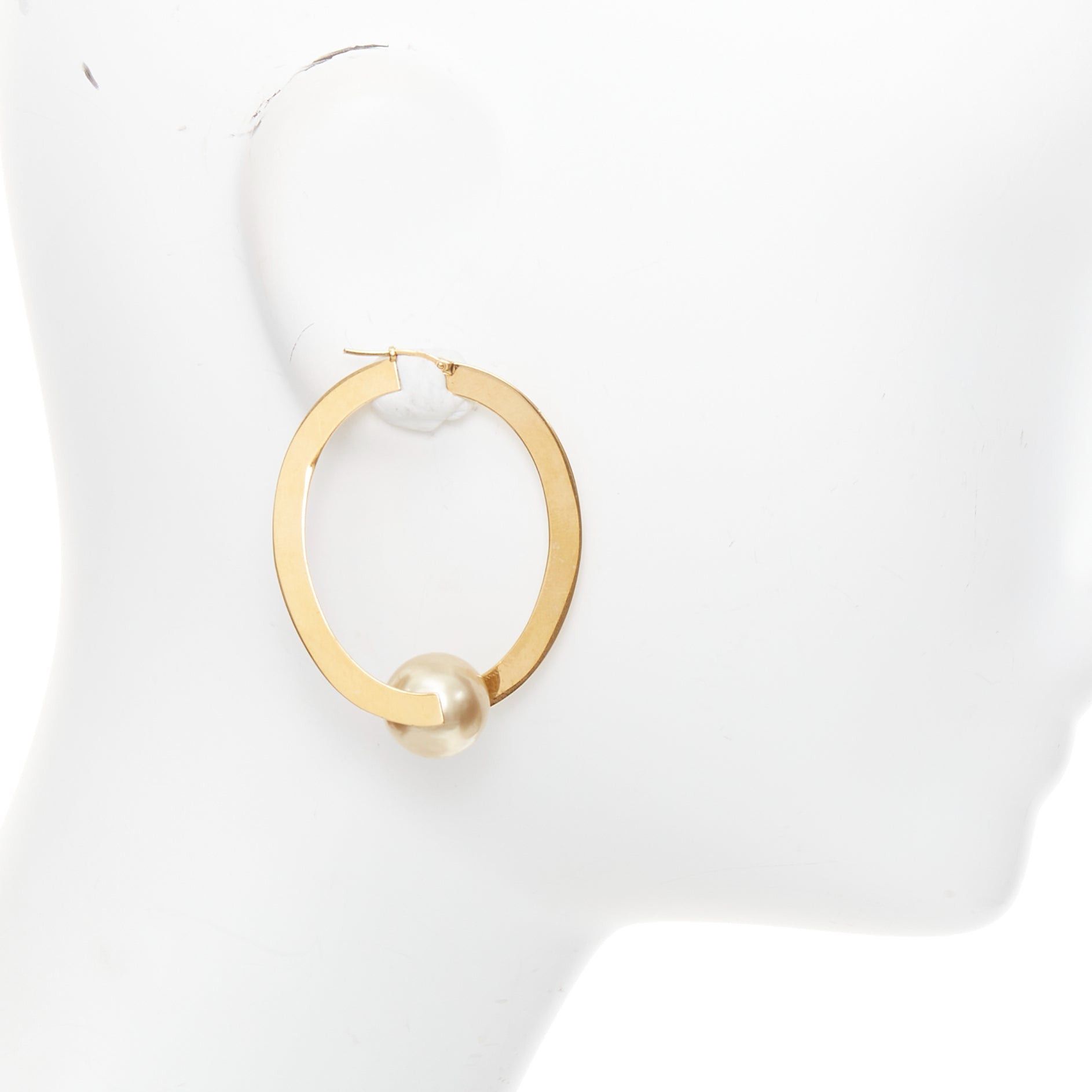 Celine rare OLD CELINE Phoebe Philo Flat Hoop faux pearl brass hoop pin earring Pair Size ONE SIZE - 3 Thumbnail