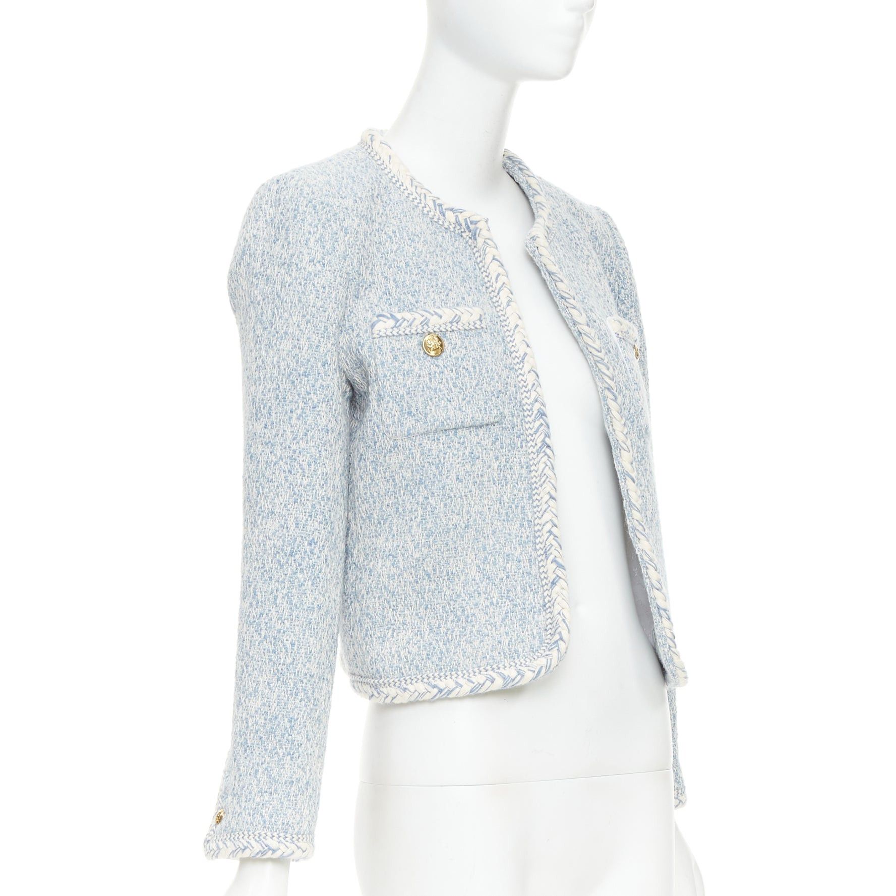 Celine CELINE 2023 baby blue white wool cotton boucle tweed trim jacket FR36 S Size S / US 4 / IT 40 - 3 Thumbnail