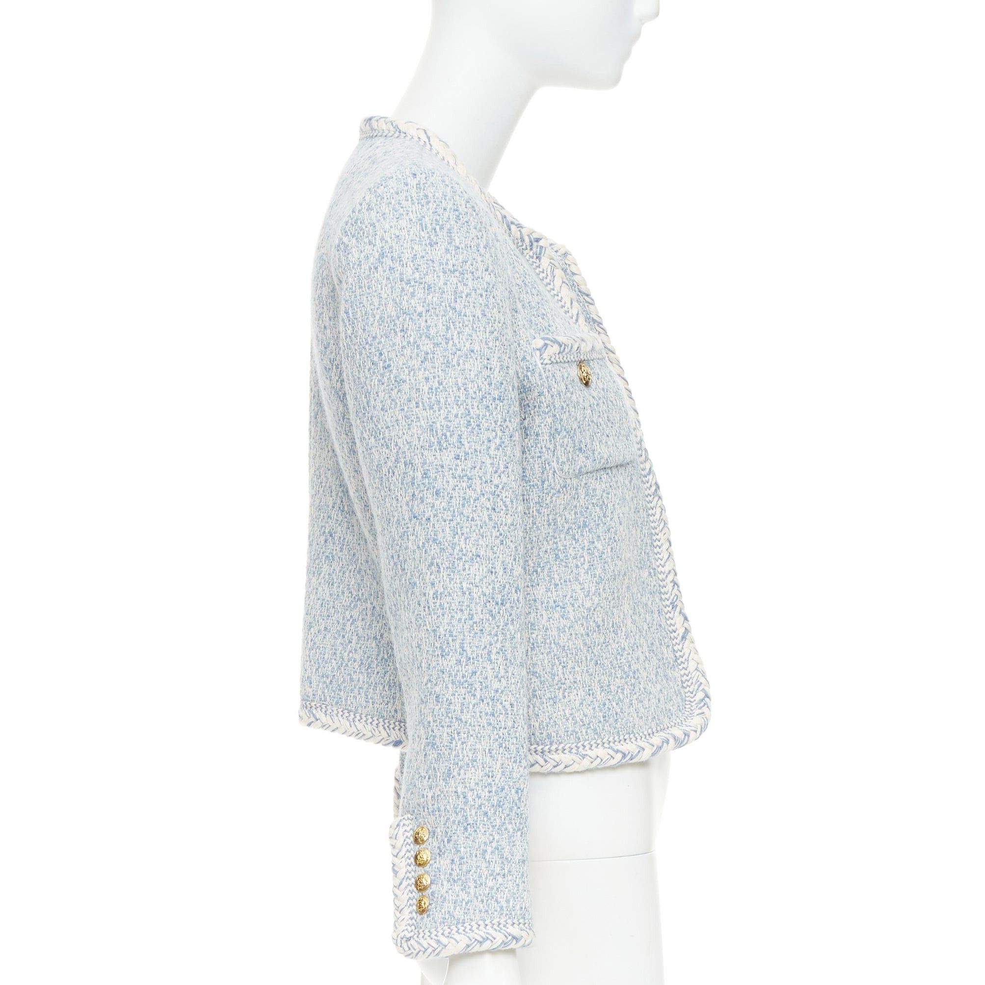 Celine CELINE 2023 baby blue white wool cotton boucle tweed trim jacket FR36 S Size S / US 4 / IT 40 - 4 Thumbnail
