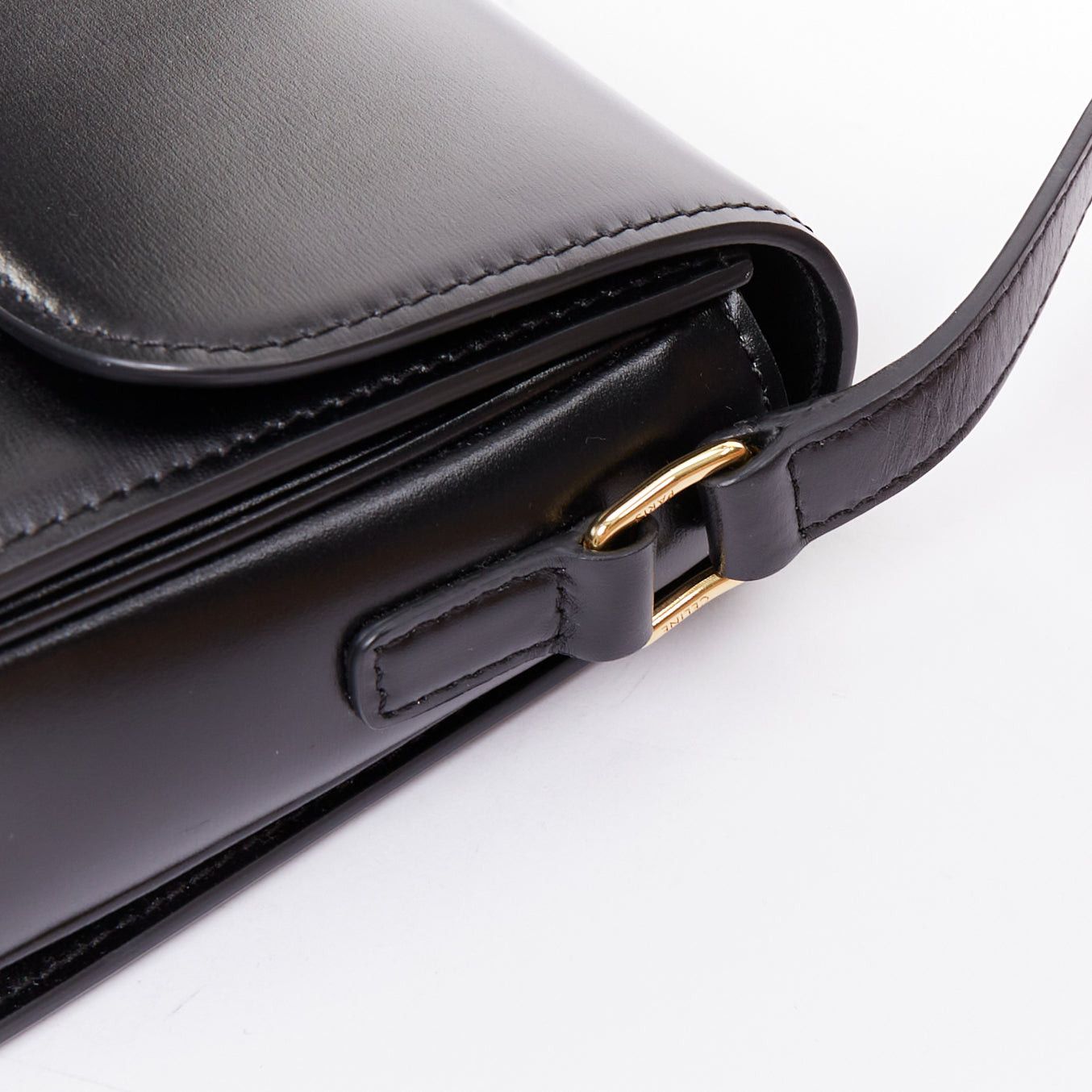 Celine CELINE Teen Triomphe black shiny calfskin gold anagram logo crossbody bag Size ONE SIZE - 8 Thumbnail