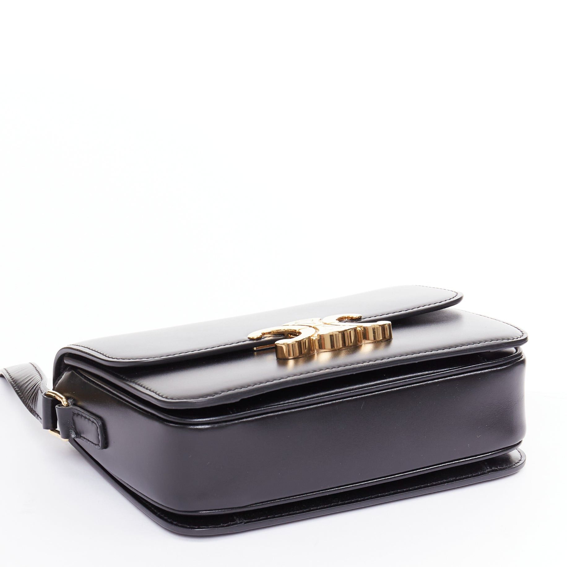 Celine CELINE Teen Triomphe black shiny calfskin gold anagram logo crossbody bag Size ONE SIZE - 6 Thumbnail