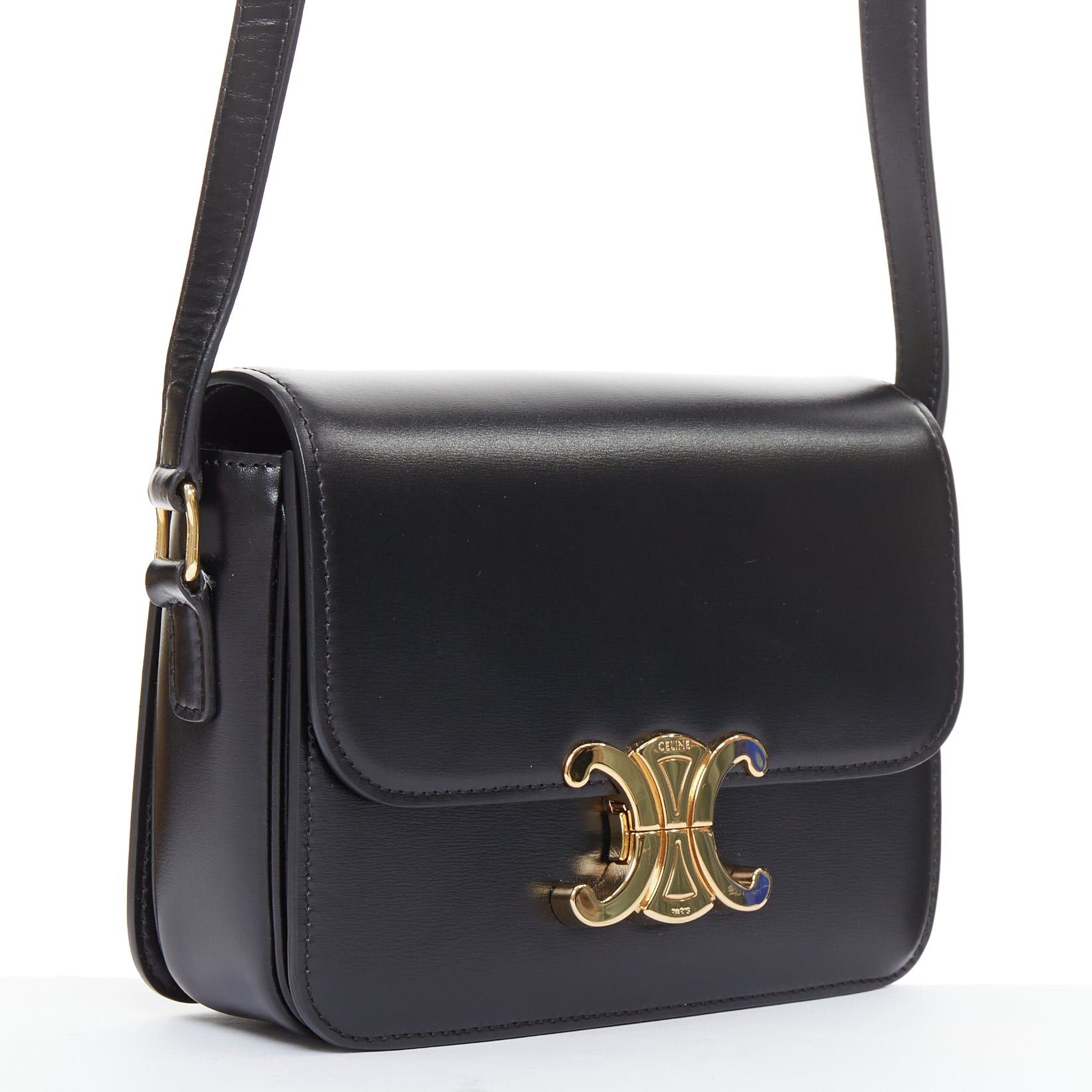 Celine CELINE Teen Triomphe black shiny calfskin gold anagram logo crossbody bag Size ONE SIZE - 3 Thumbnail