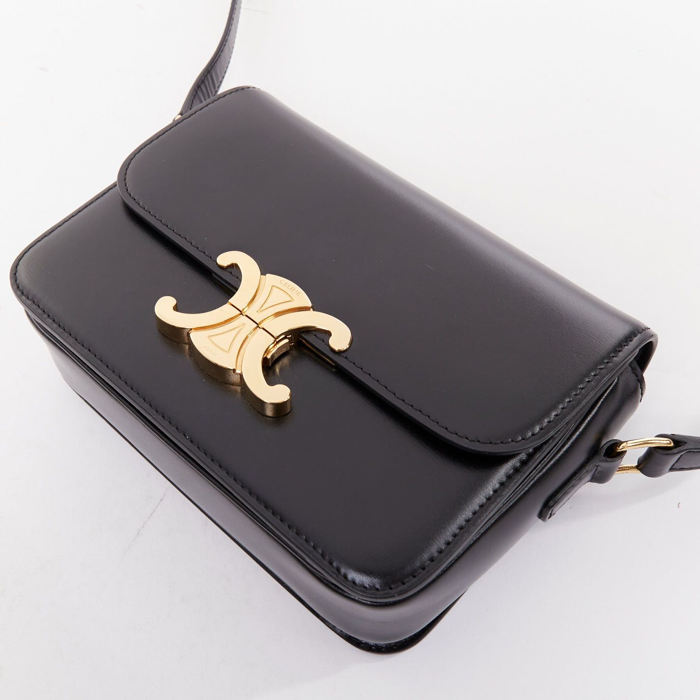 Celine CELINE Teen Triomphe black shiny calfskin gold anagram logo crossbody bag Size ONE SIZE - 7 Thumbnail