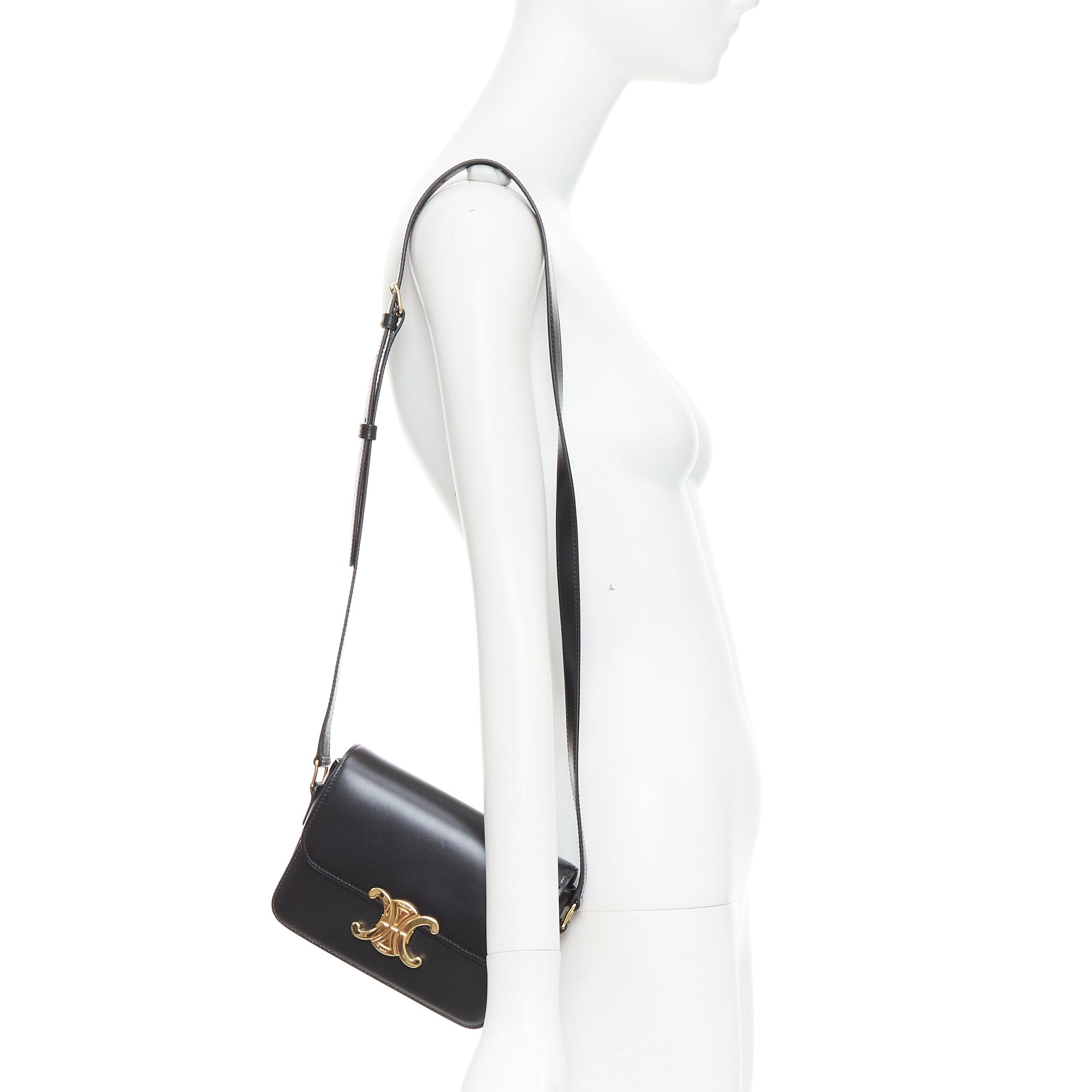 Celine CELINE Teen Triomphe black shiny calfskin gold anagram logo crossbody bag Size ONE SIZE - 2 Thumbnail