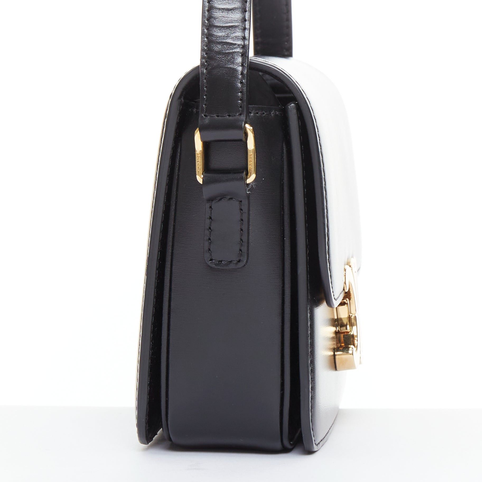 Celine CELINE Teen Triomphe black shiny calfskin gold anagram logo crossbody bag Size ONE SIZE - 4 Thumbnail