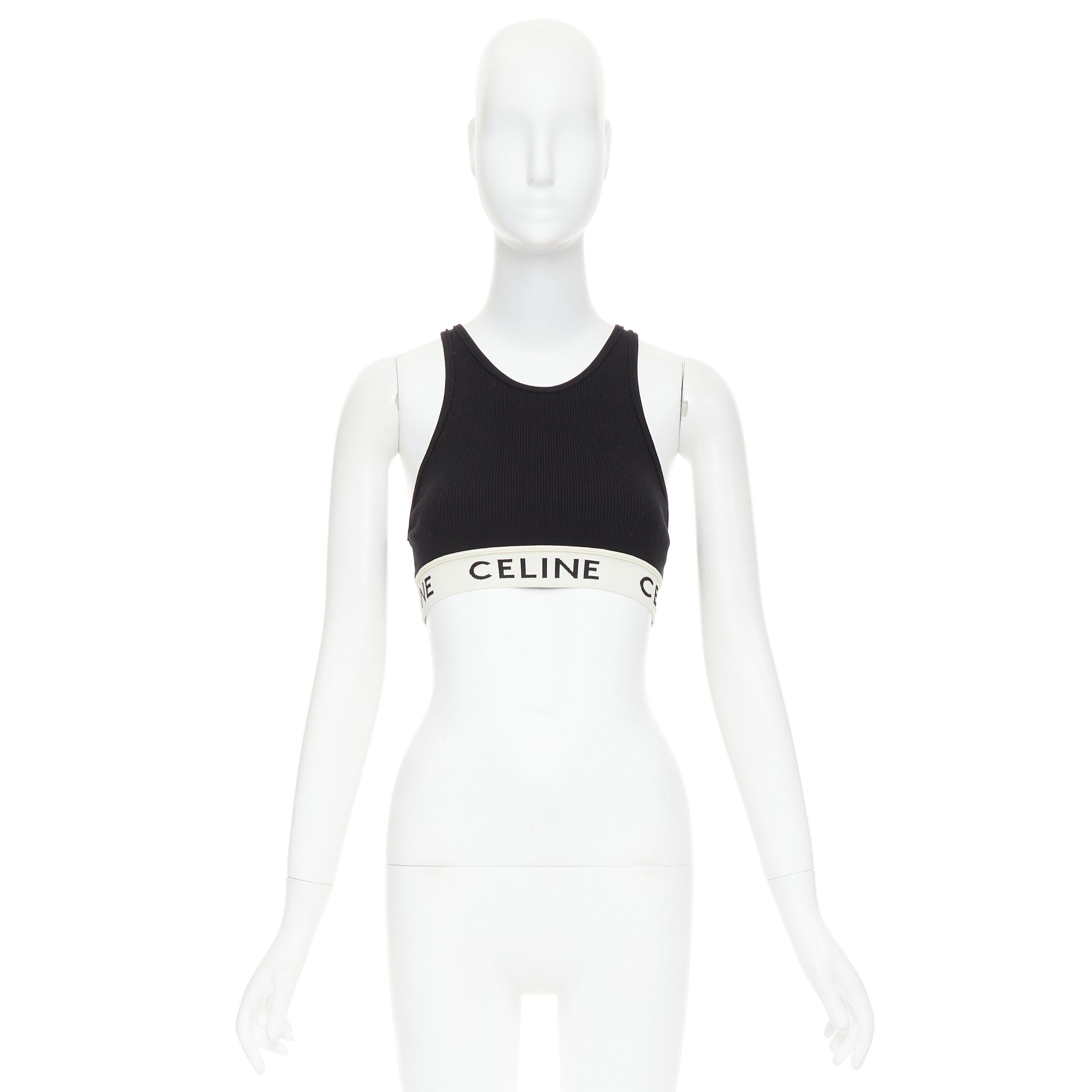 Celine CELINE black cotton blend cream ribbed logo round neck bra top S Lisa Blackpink Size S / US 4 / IT 40 - 9 Thumbnail