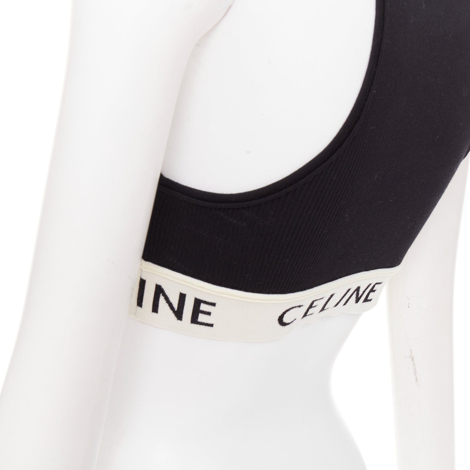 Celine CELINE black cotton blend cream ribbed logo round neck bra top Lisa Blackpink Size XS / US 0-2 / IT 36-38 - 7 Thumbnail