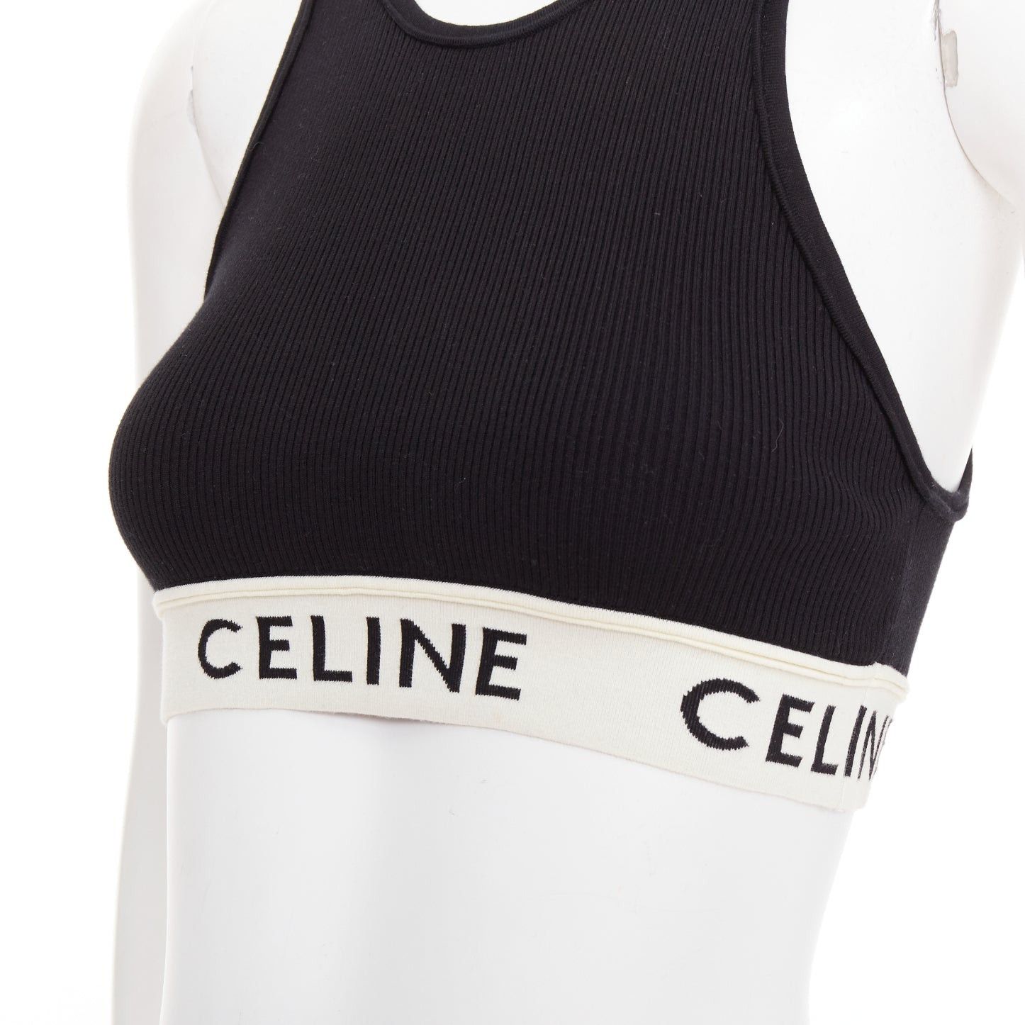 Celine CELINE black cotton blend cream ribbed logo round neck bra top Lisa Blackpink Size XS / US 0-2 / IT 36-38 - 2 Thumbnail