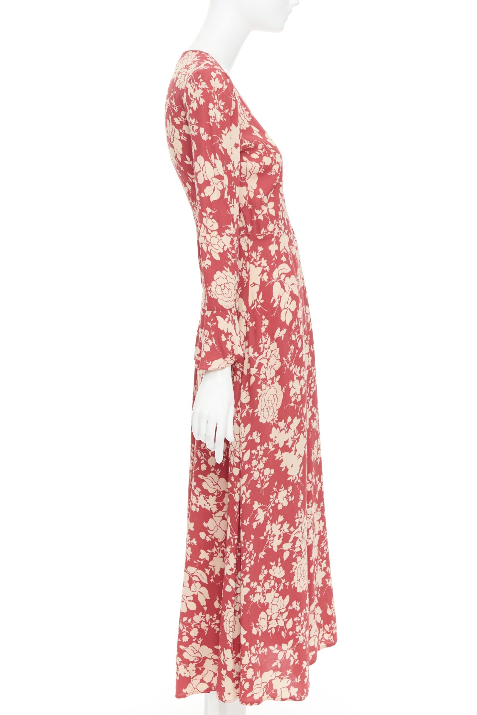 Polo Ralph Lauren POLO RALPH LAUREN red beige floral print flare sleeve wrap dress US2 S Size S / US 4 / IT 40 - 4 Thumbnail