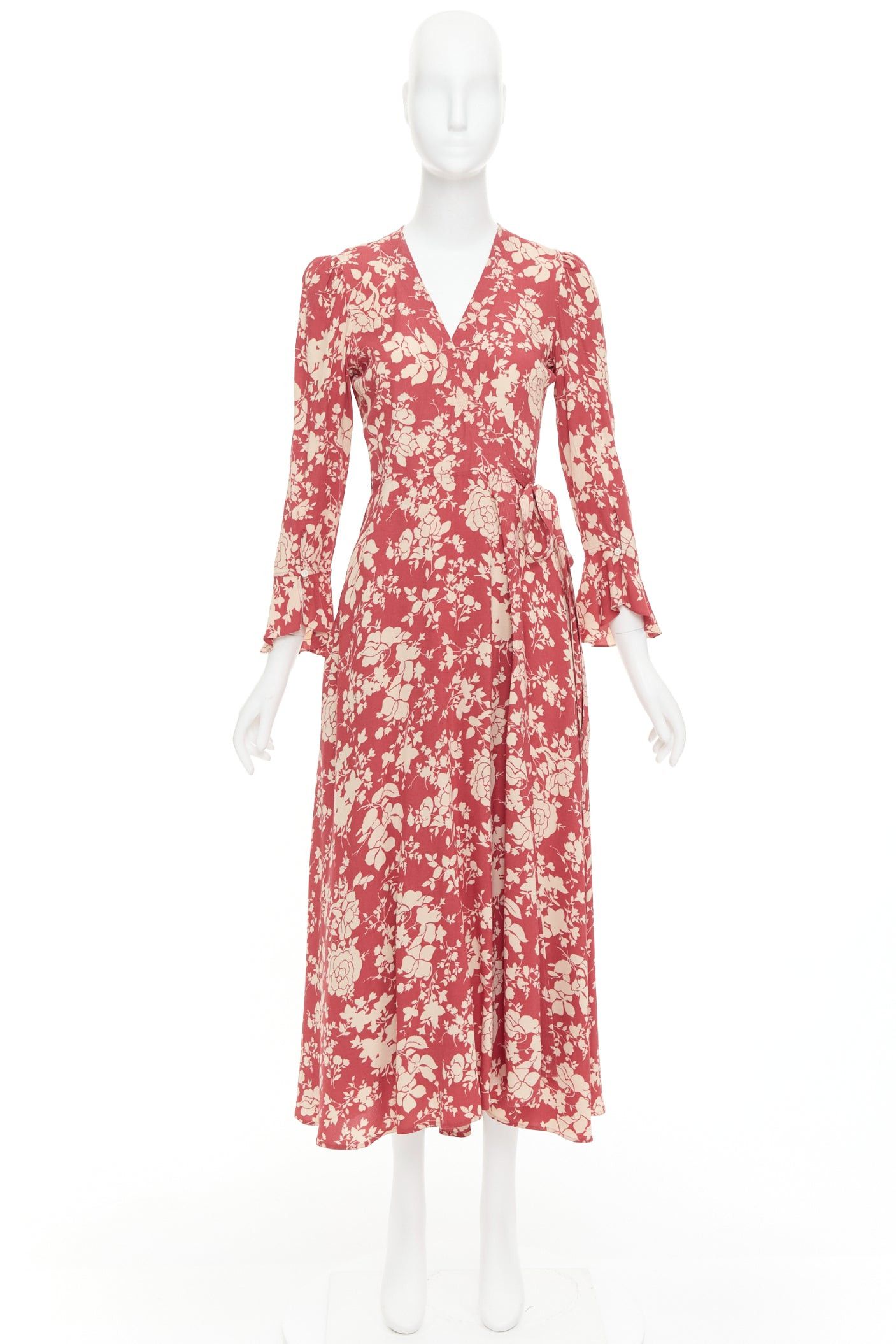 Polo Ralph Lauren POLO RALPH LAUREN red beige floral print flare sleeve wrap dress US2 S Size S / US 4 / IT 40 - 9 Thumbnail