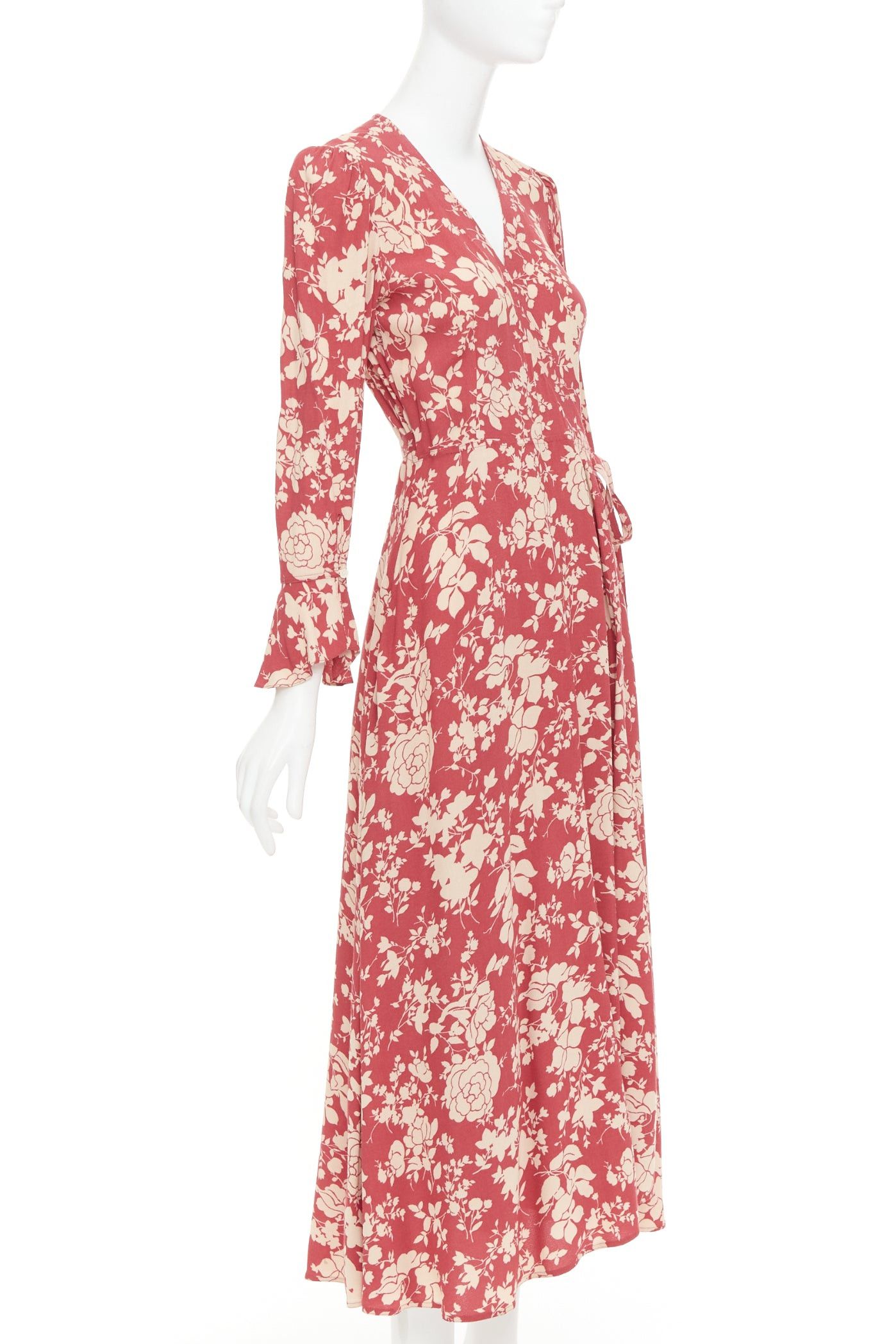 Polo Ralph Lauren POLO RALPH LAUREN red beige floral print flare sleeve wrap dress US2 S Size S / US 4 / IT 40 - 3 Thumbnail