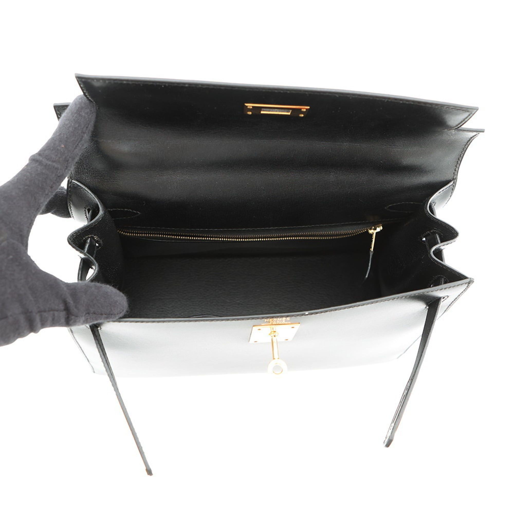 Hermès Kelly 28 handbag, exterior stitching, black box calf leather, A stamp, 2-way shoulder bag, black, Kelly, women's, HERMES