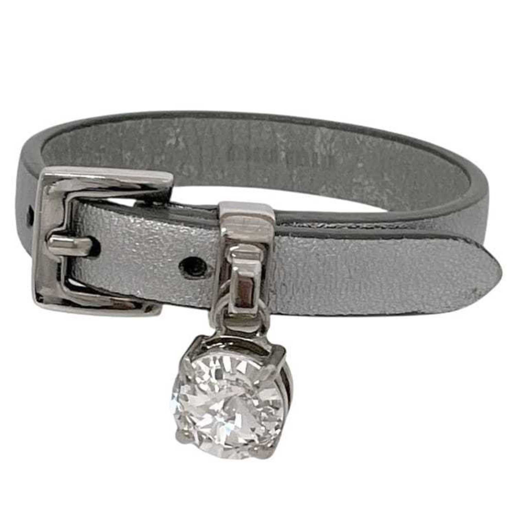 Miu Miu Miu Miu Miu Bracelet ec-25053 Silver Leather Rhinestone Single Stone Women's Size ONE SIZE - 2 Thumbnail