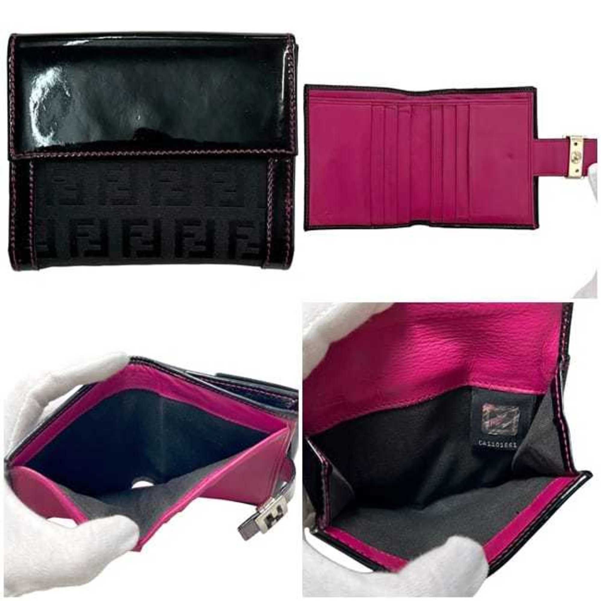 Fendi Fendi bifold wallet ec-25148 black pink zucchino 8M0188 patent canvas leather FENDI enamel FF compact mini for men and women Size ONE SIZE - 3 Thumbnail